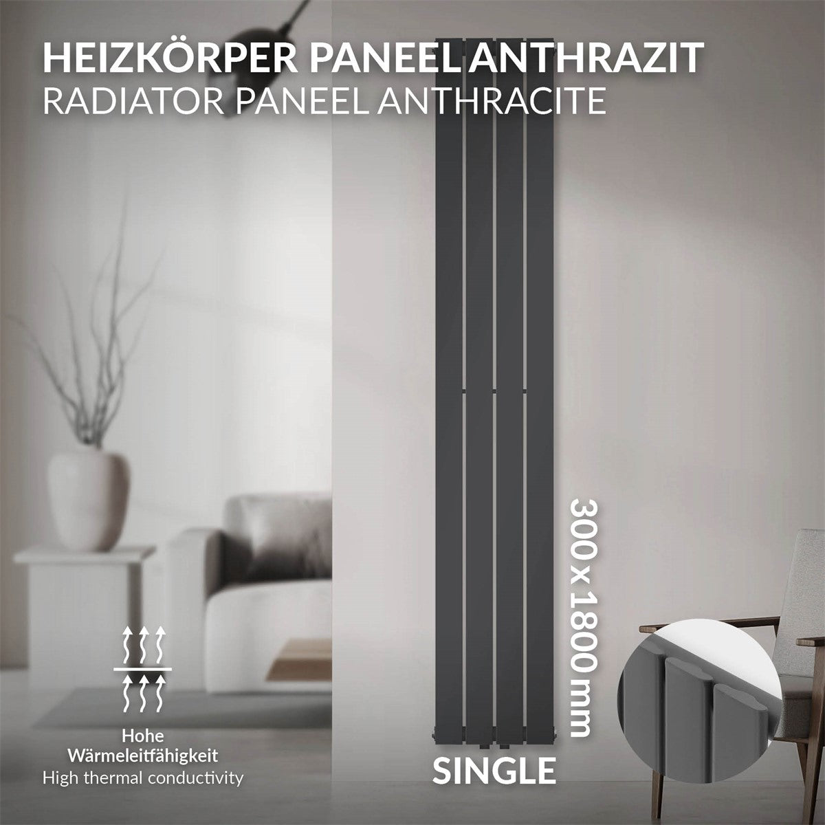 Radiator de culoare antracit, cu dimensiunile de 300 × 1800 mm.
