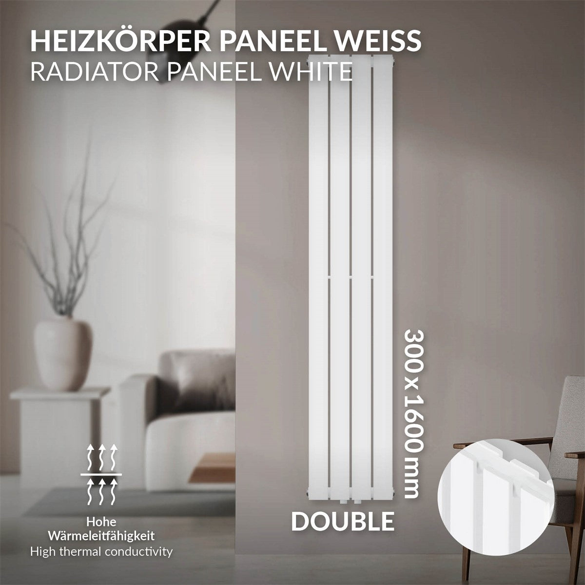 White panel radiator, 300 × 1600 mm, double.