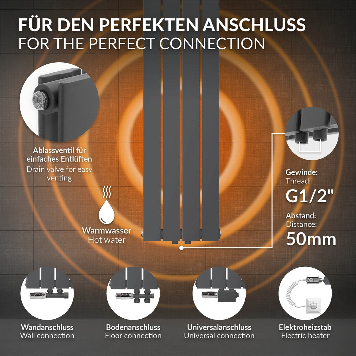 Antracitfarvet radiator, lodret, 300x1800 mm.