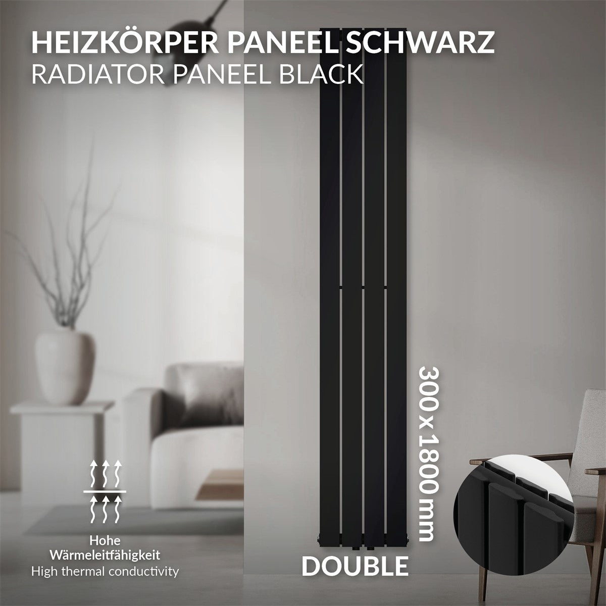 Panneau de radiateur noir en version double, 300x1800 mm.