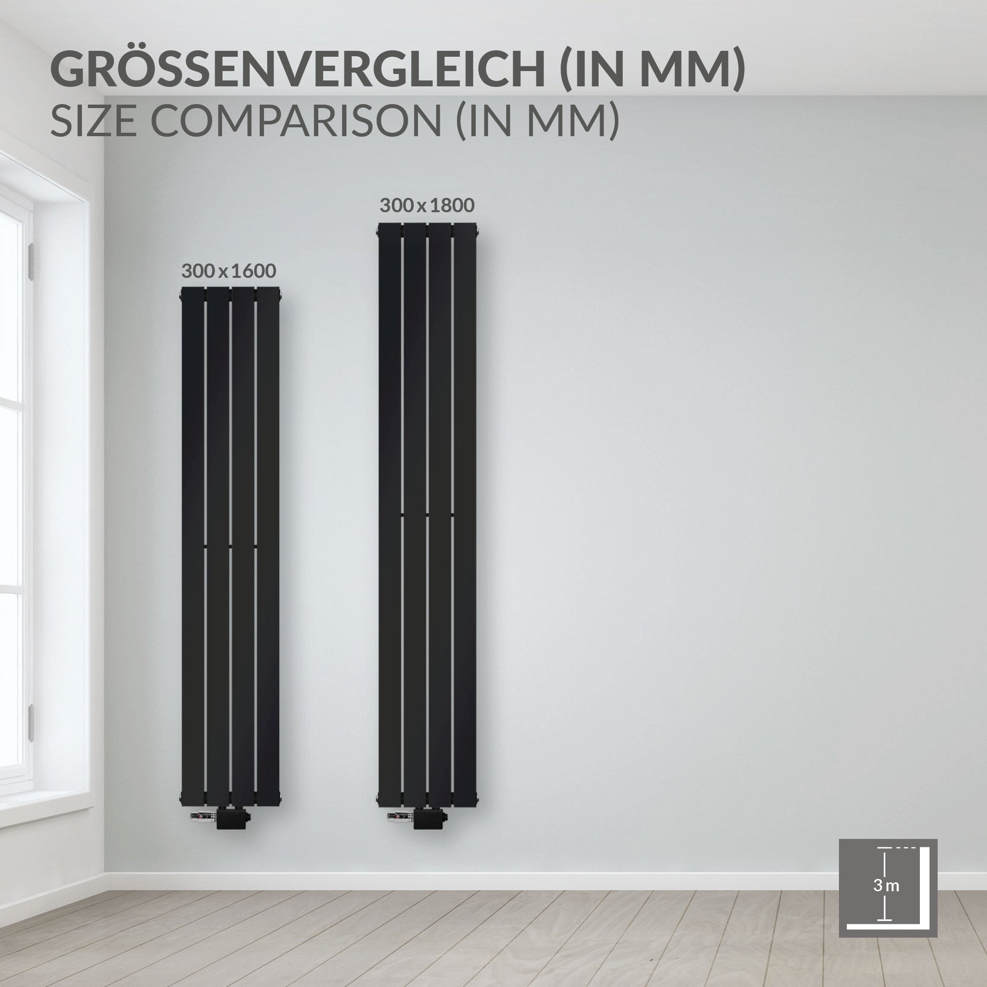 Black radiator, vertical, 300x1800 mm.