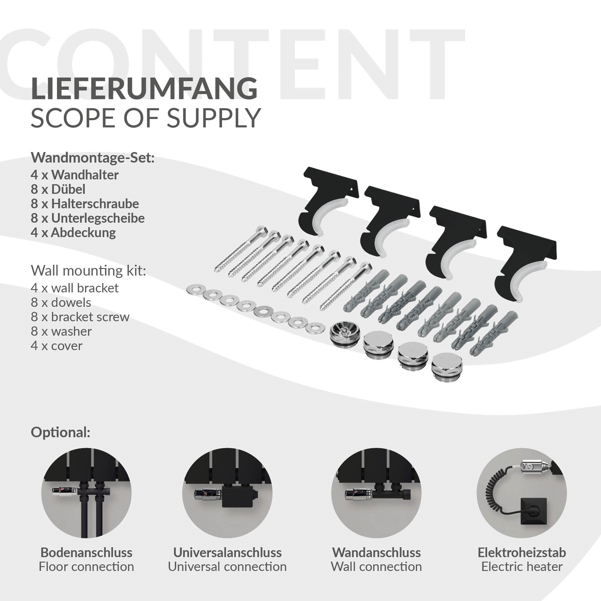 An overview of the mounting elements included in the delivery.