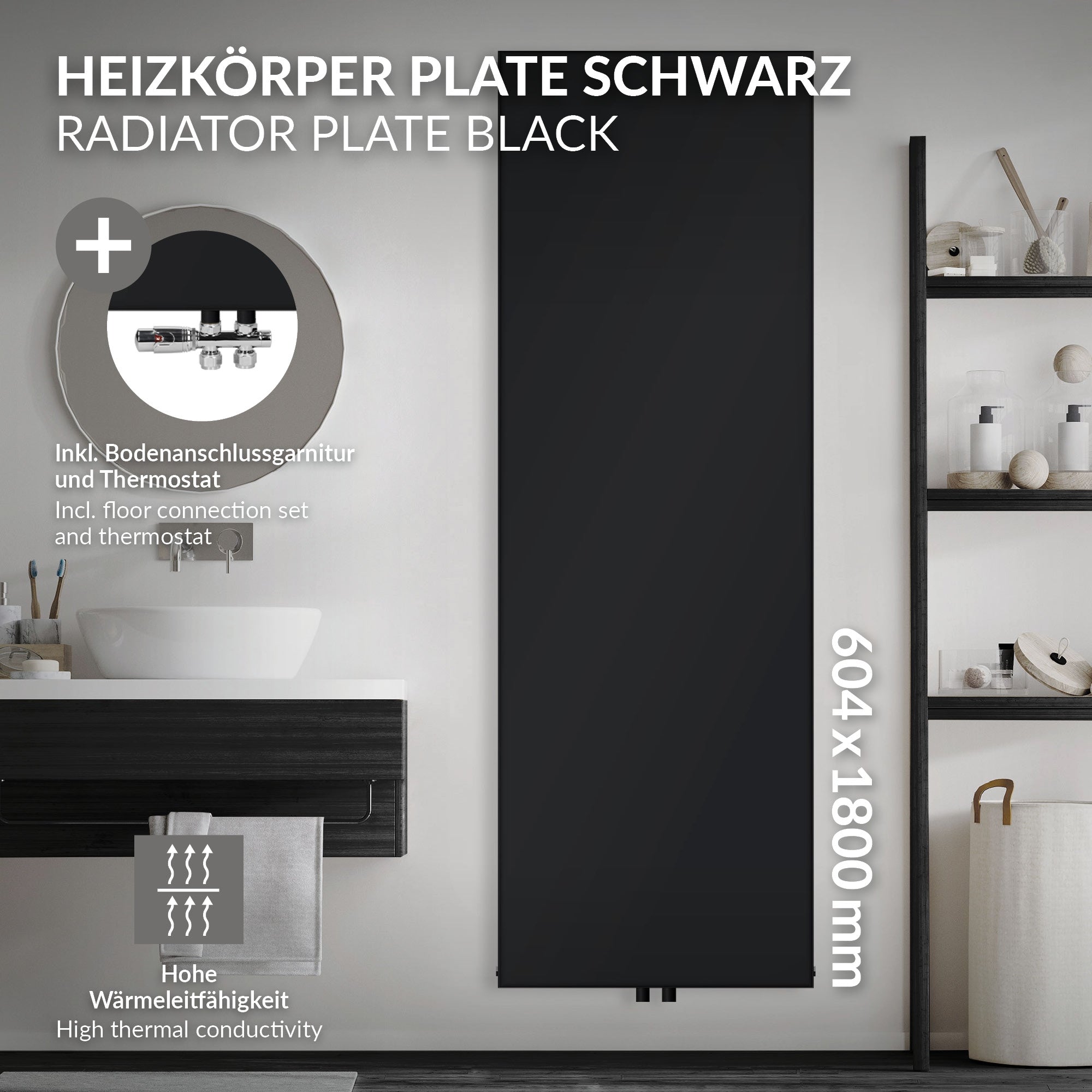 Schwarzer Heizkörper mit chromfarbenen Anschlüssen in einem Badezimmer.