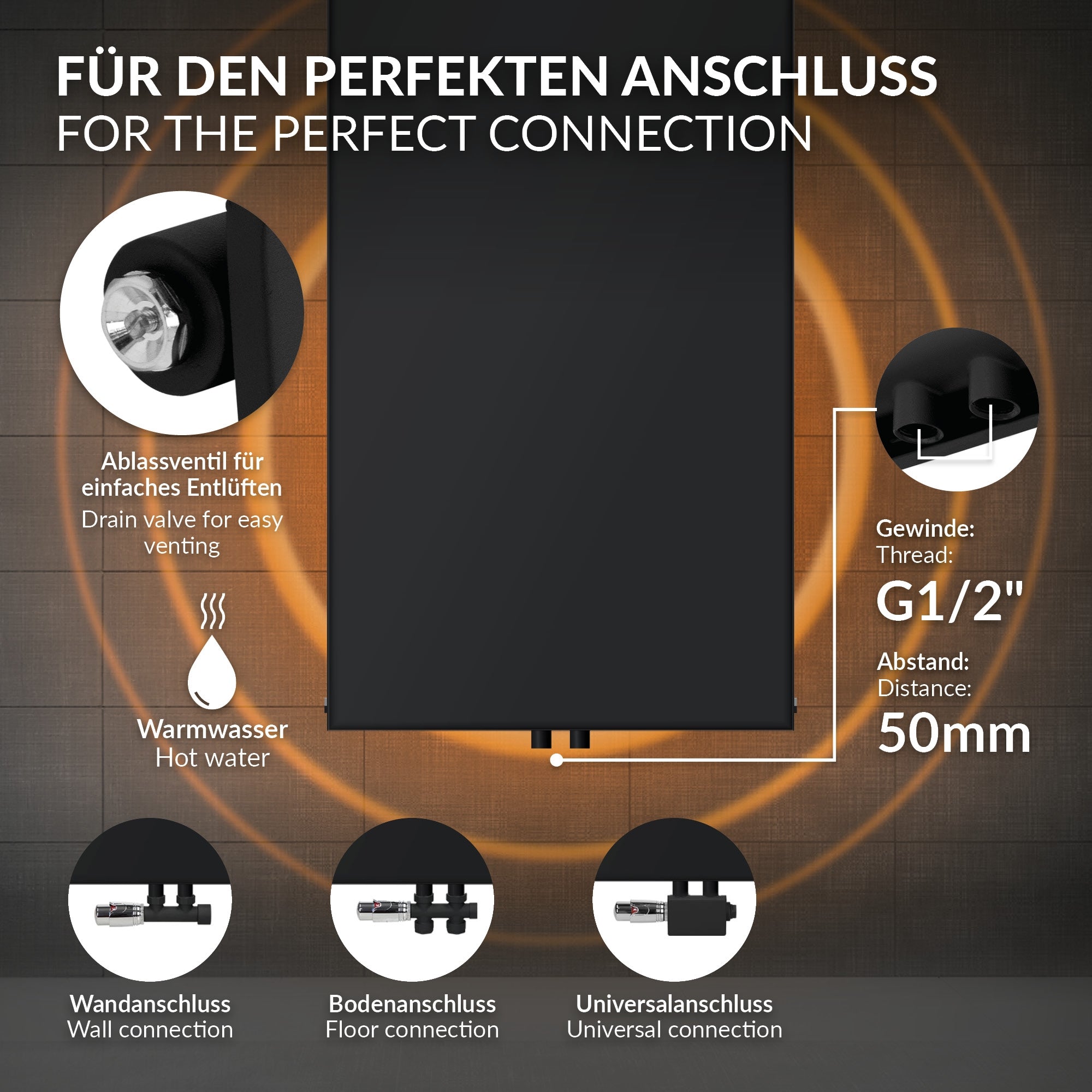 Schwarze Heizkörperplatte mit Abmessungen 604x1800 mm.