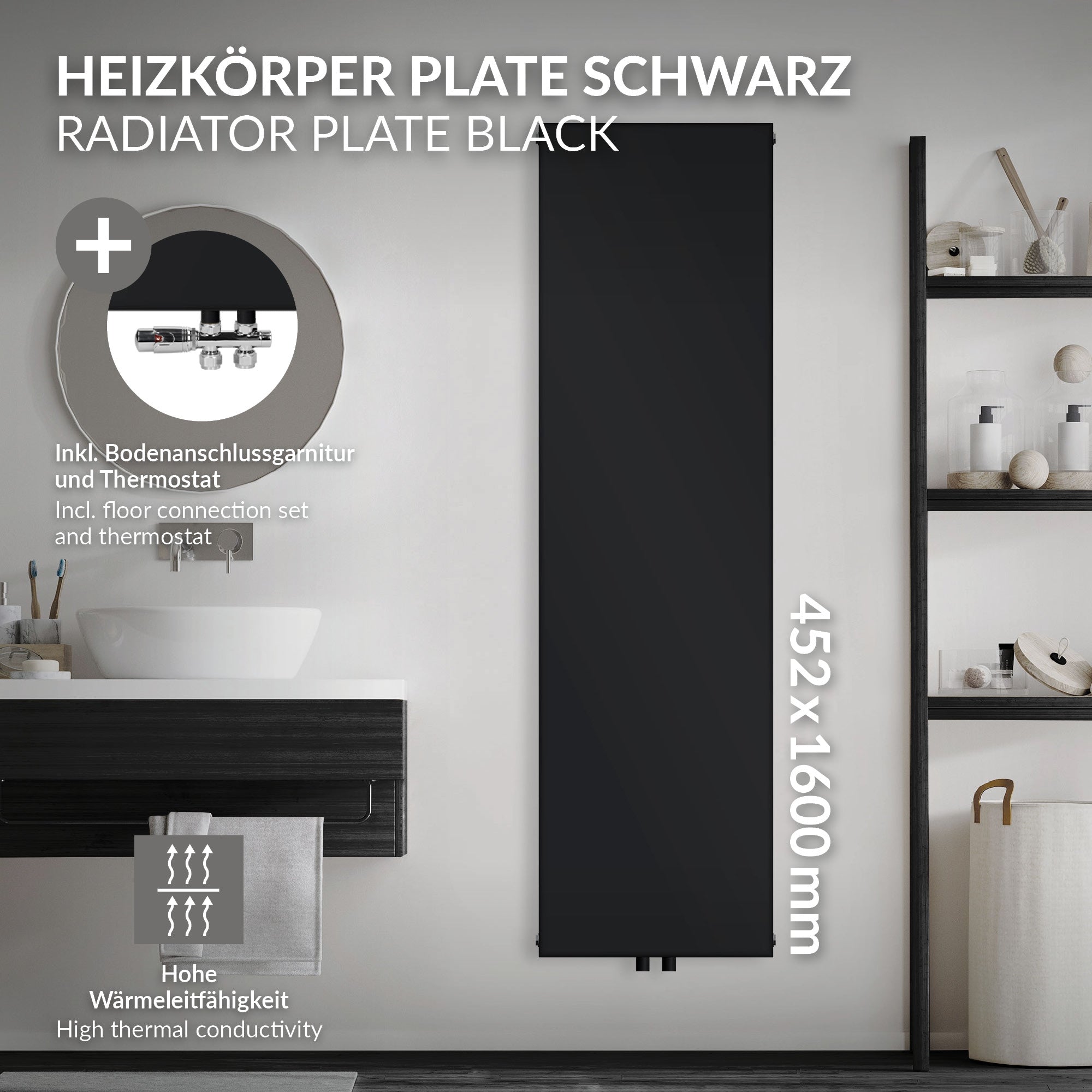 Schwarze Heizkörperplatte mit Abmessungen 452x1600 mm.