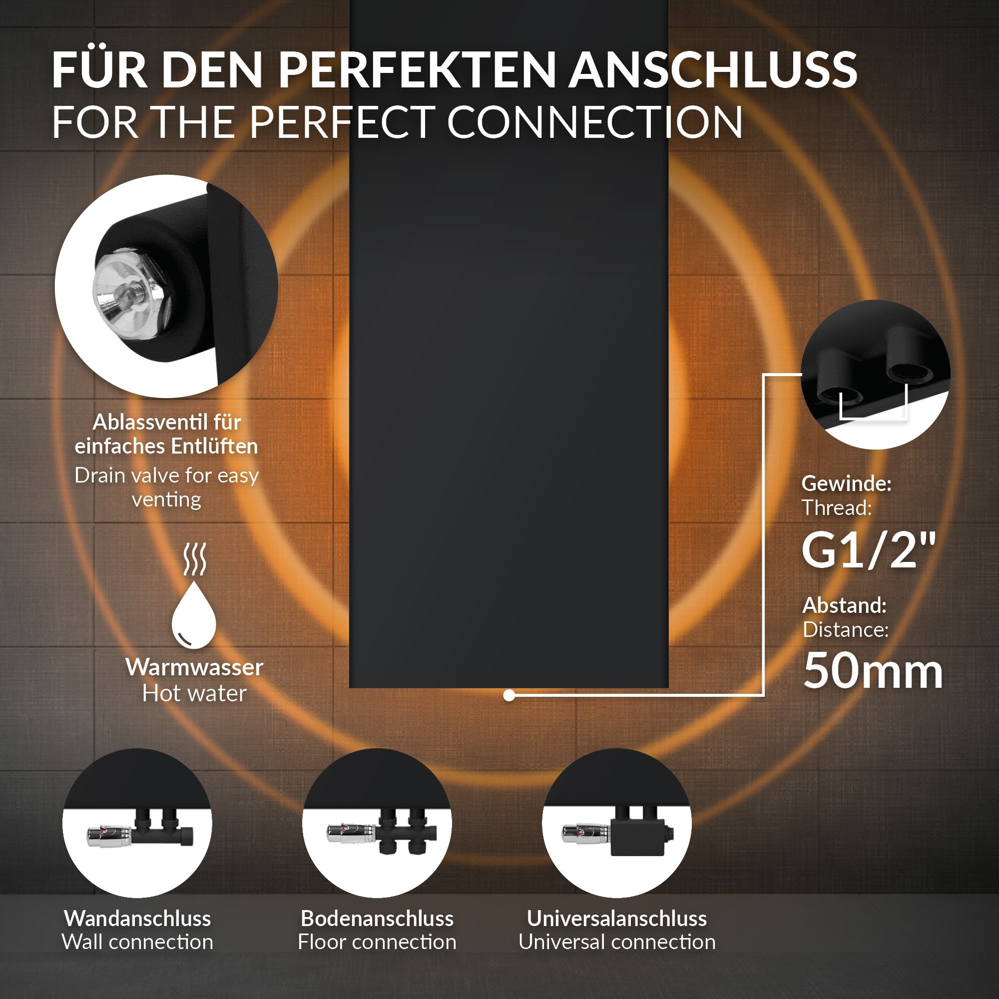 Technical details of a radiator with drain valve and connection options.