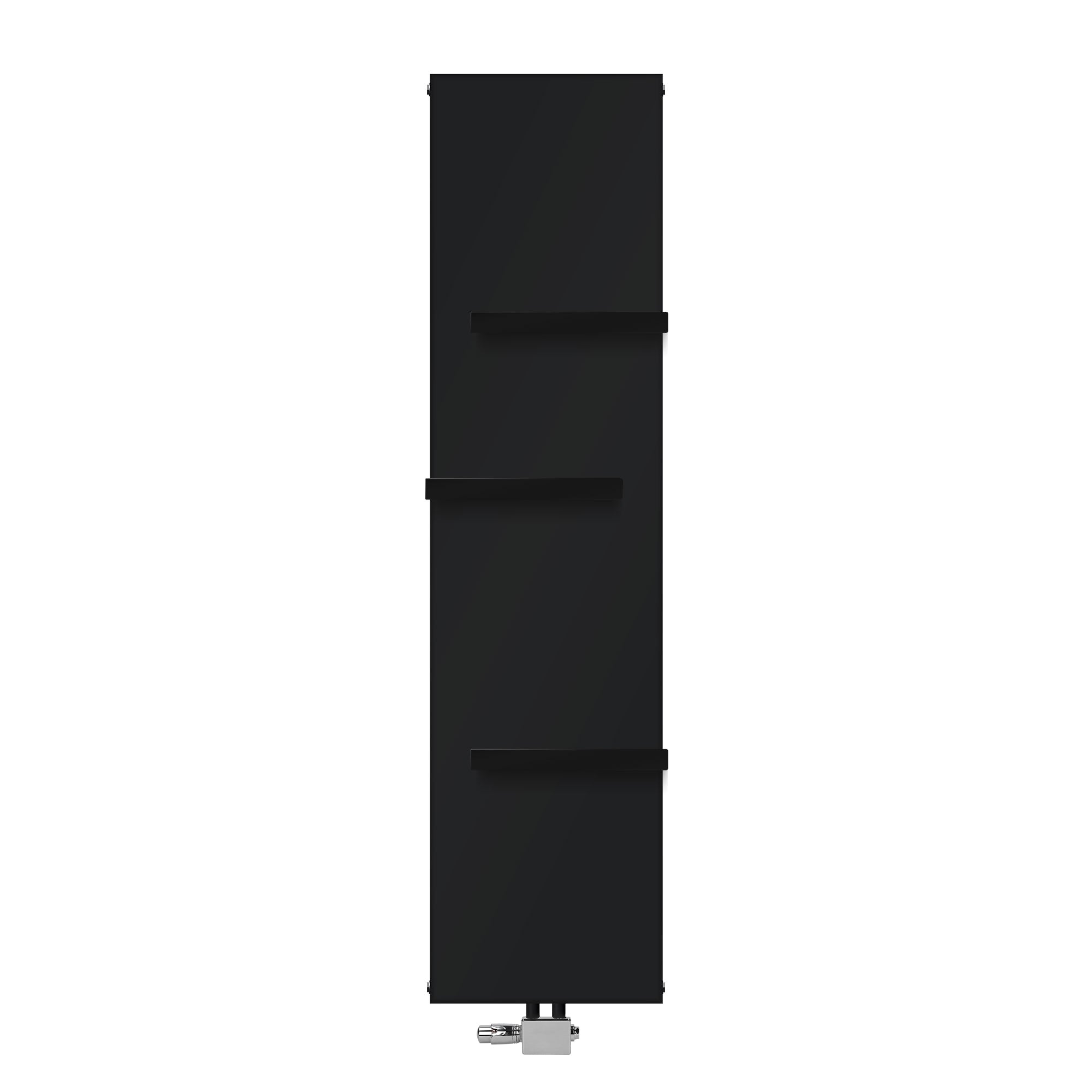 Black radiator panel without towel holder against a neutral background.