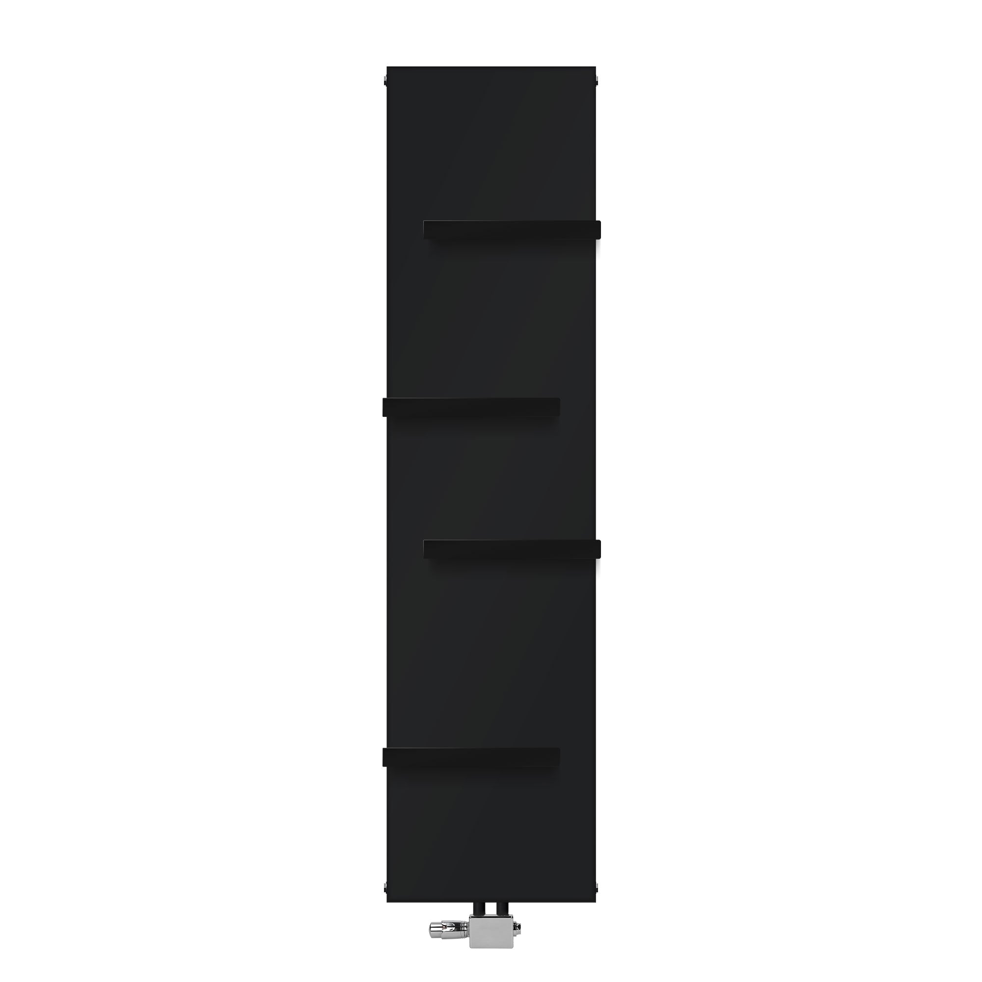 Black radiator panel with three shelves, oriented vertically.