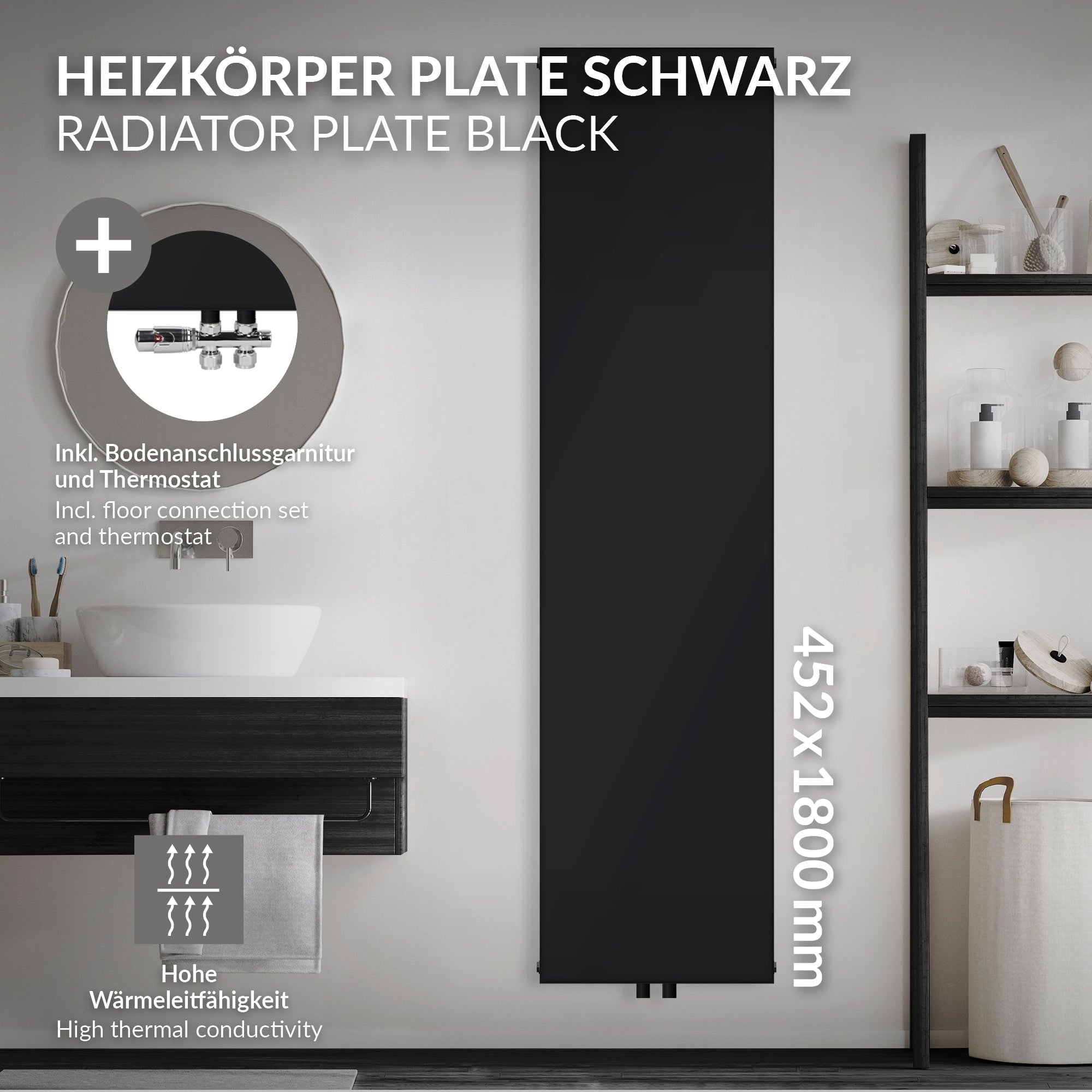 Schwarze Heizkörperplatte mit Abmessungen 452x1800 mm.