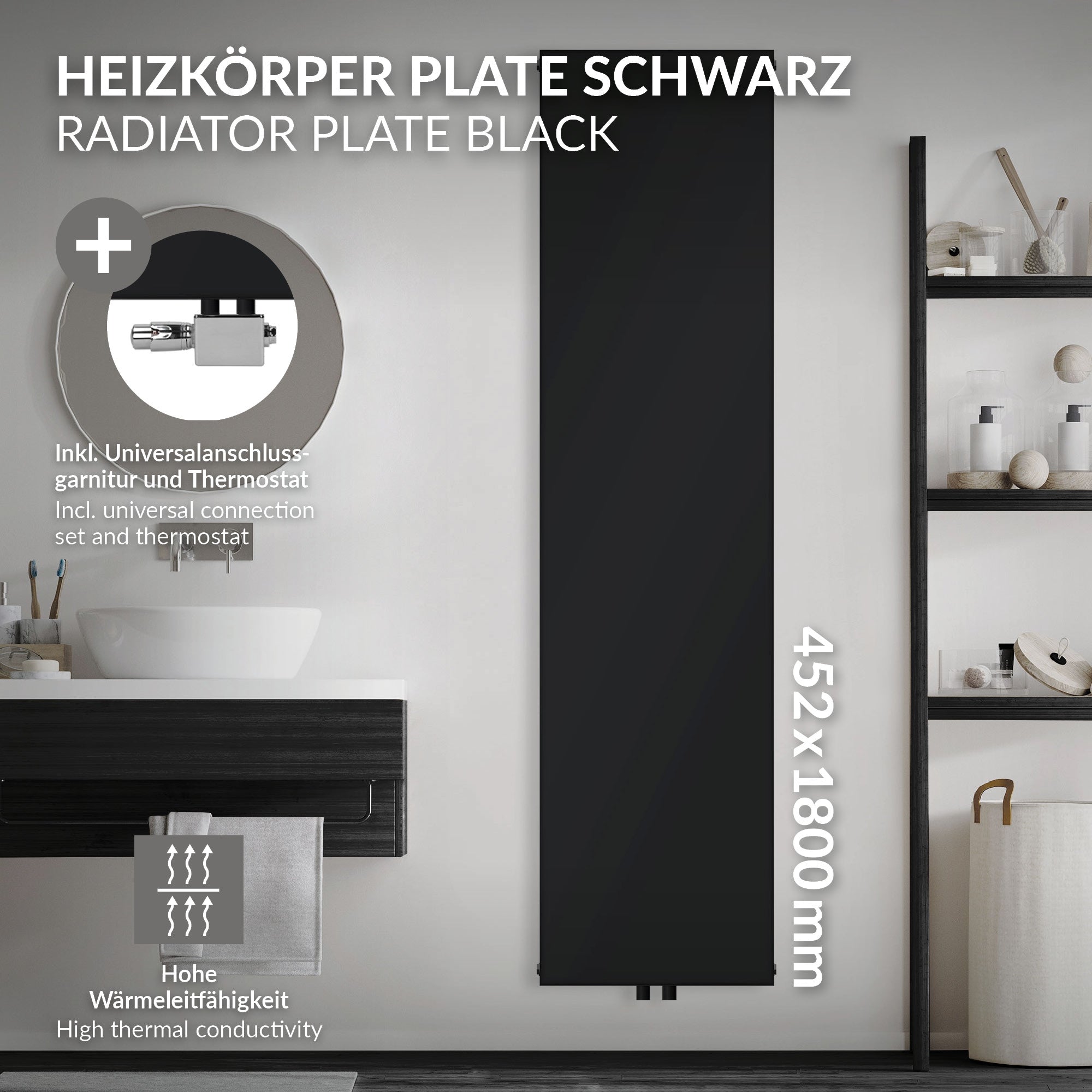 Schwarze Heizkörperplatte mit universellem Anschluss und Thermostat.