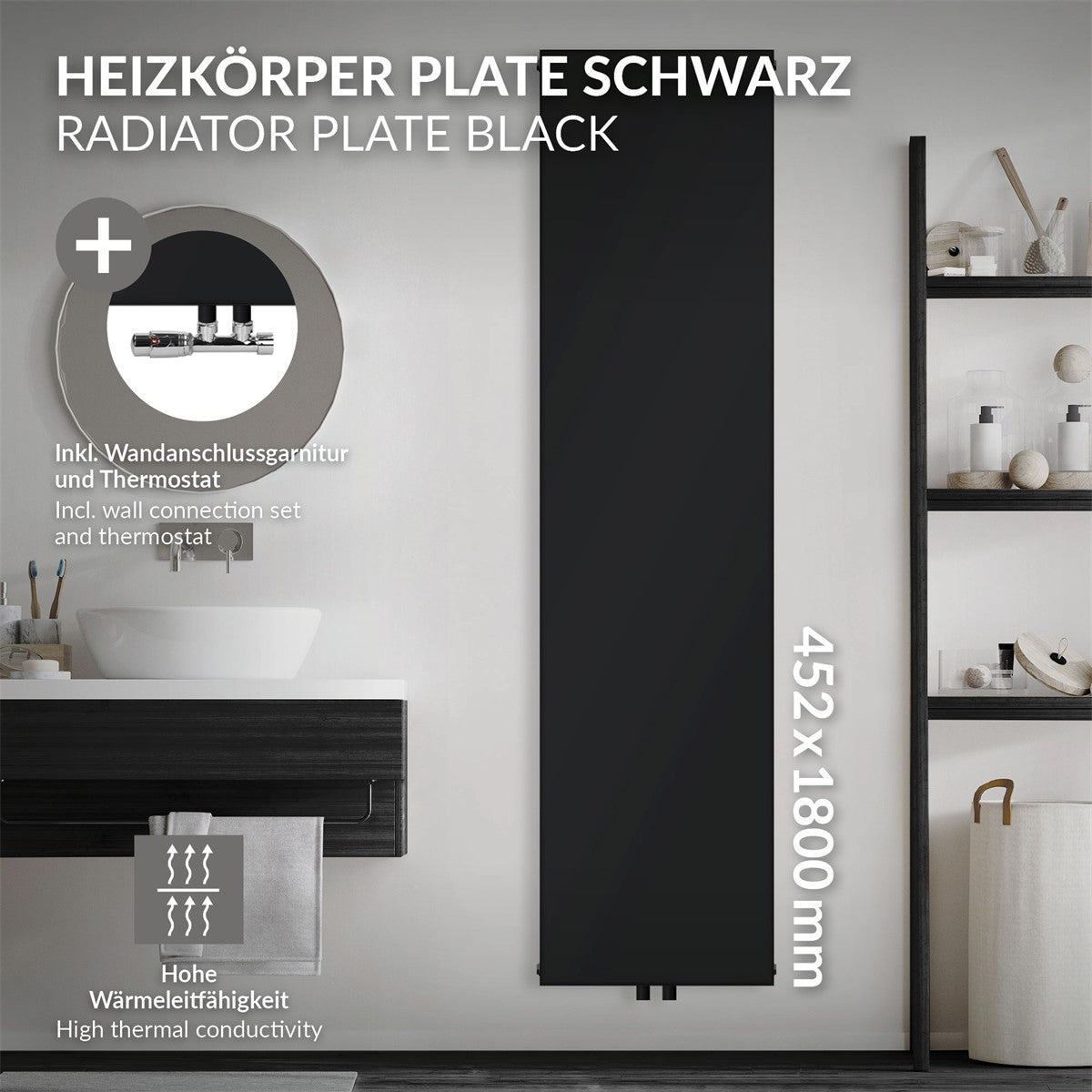 Schwarze Heizkörperplatte mit chromfarbenem Anschluss und Thermostat.