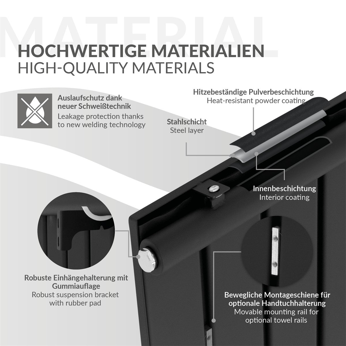 Schwarzer Heizkörper in einem modernen Badezimmer mit Handtuch.