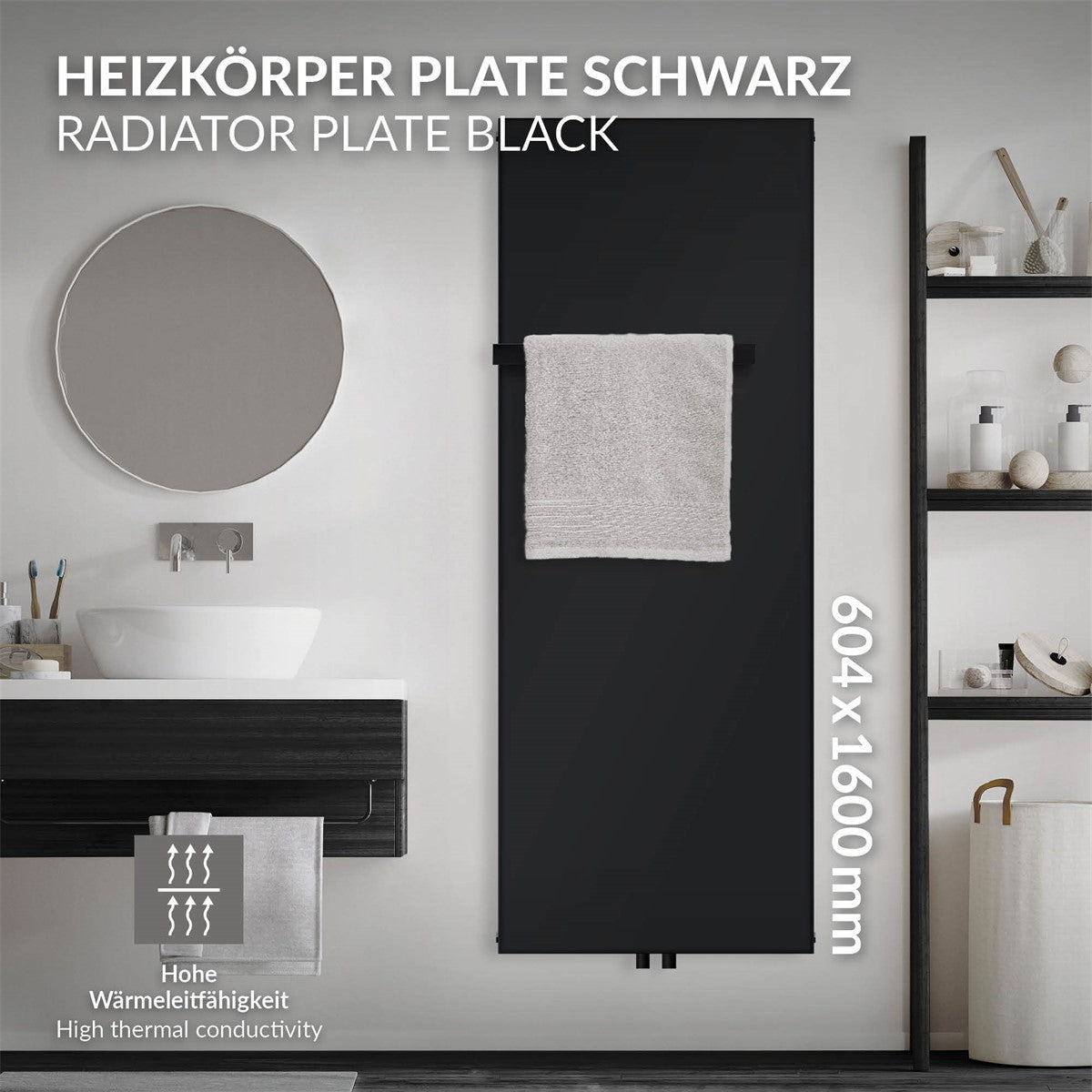 Svart radiator med en handduk, 604 × 1600 mm.