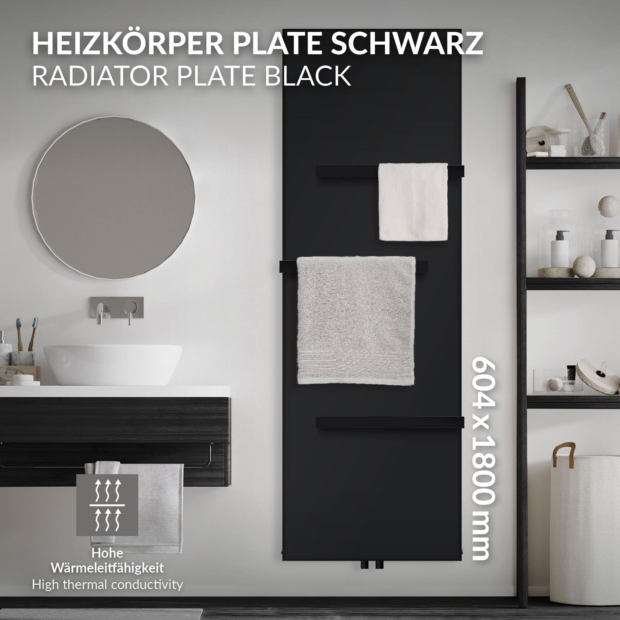 Schwarze Heizkörperplatte mit Handtuchhalter in einem Badezimmer.