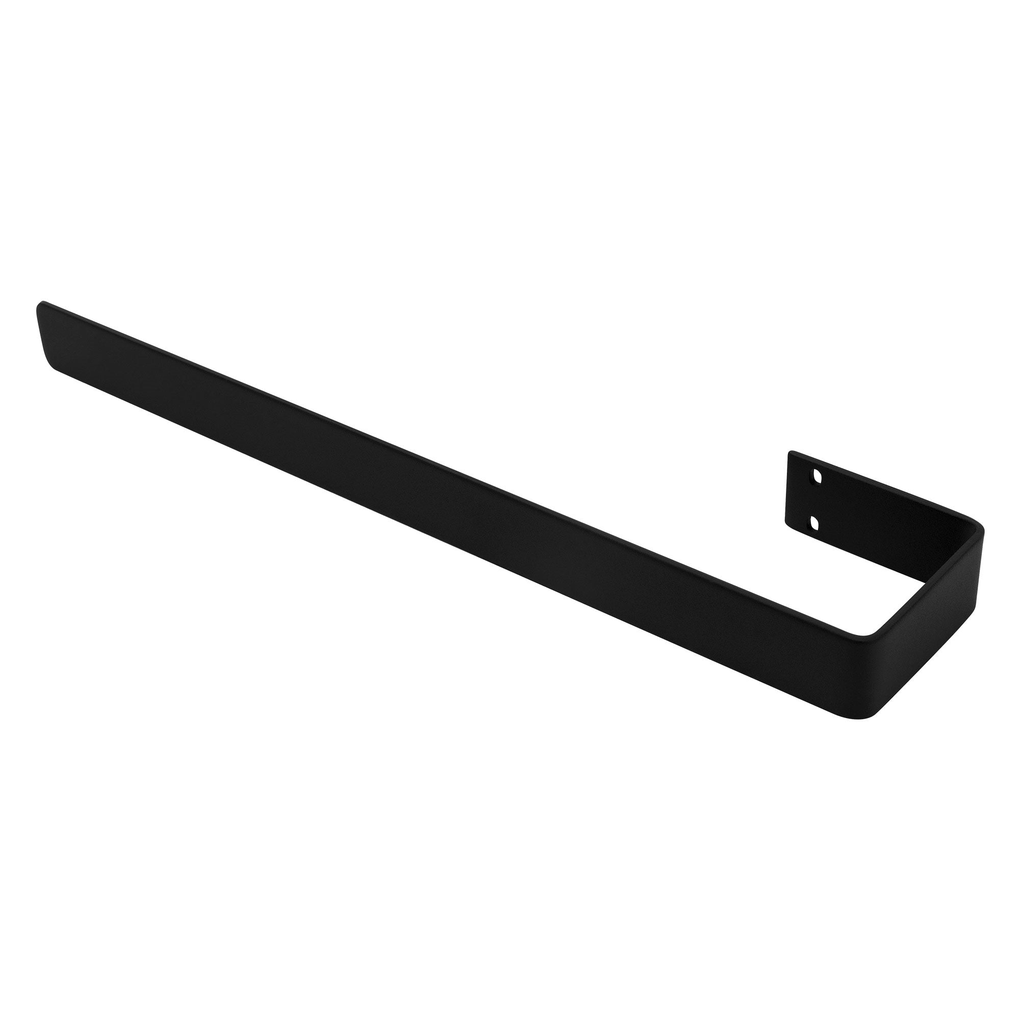 Porta asciugamani nero a forma di L, senza asciugamano.