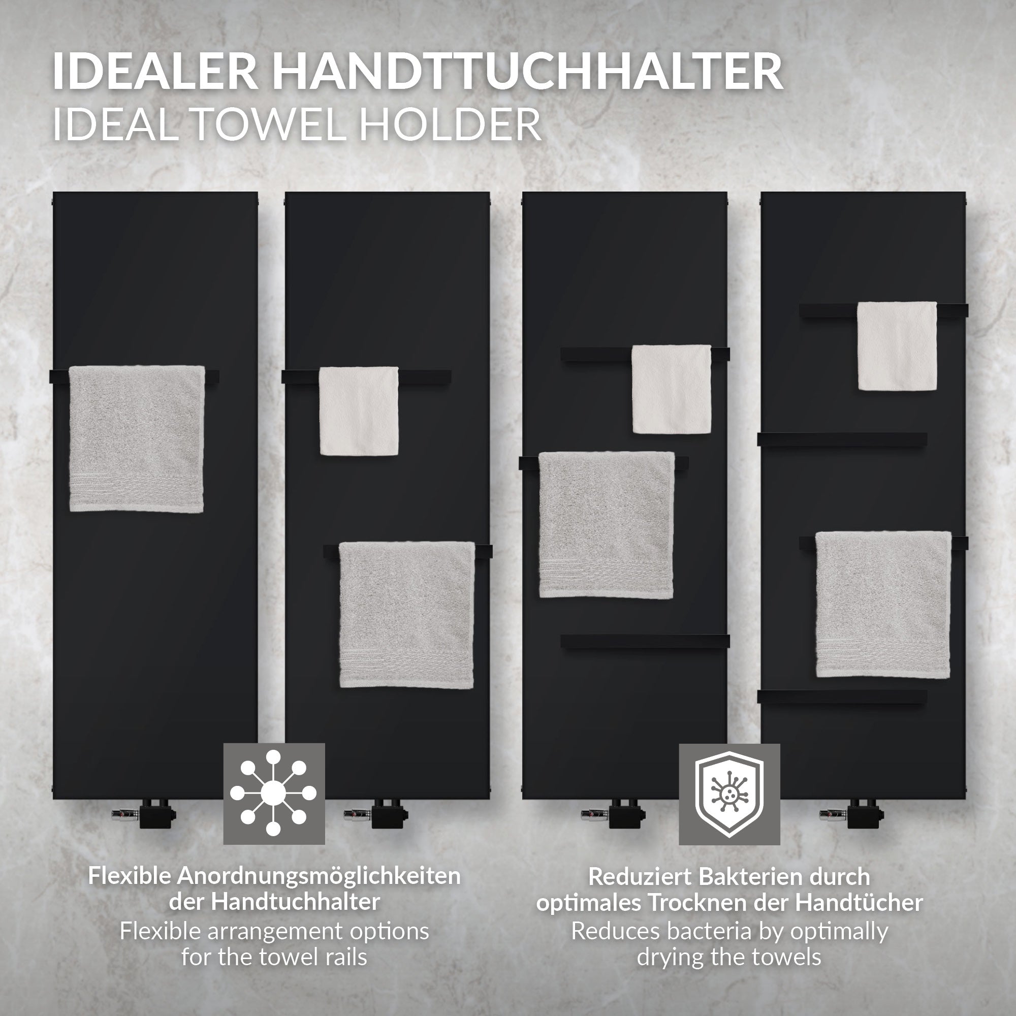 Drei schwarze Handtuchhalter mit Handtüchern in verschiedenen Anordnungen.