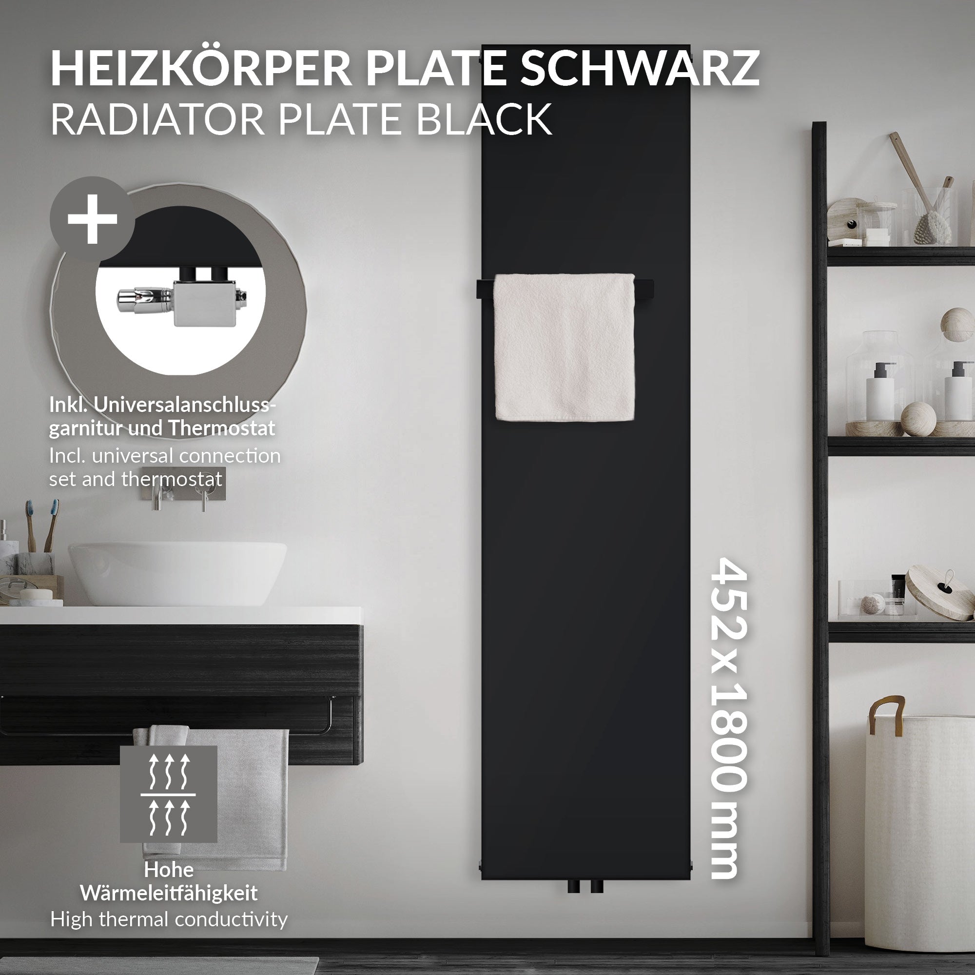 Black radiator panel with towel holder in a bathroom.