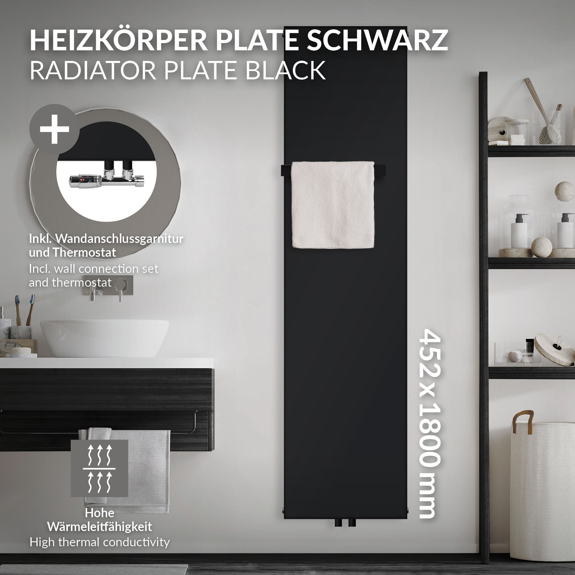Schwarze Heizkörperplatte ohne Handtuchhalter, 452x1800 mm.