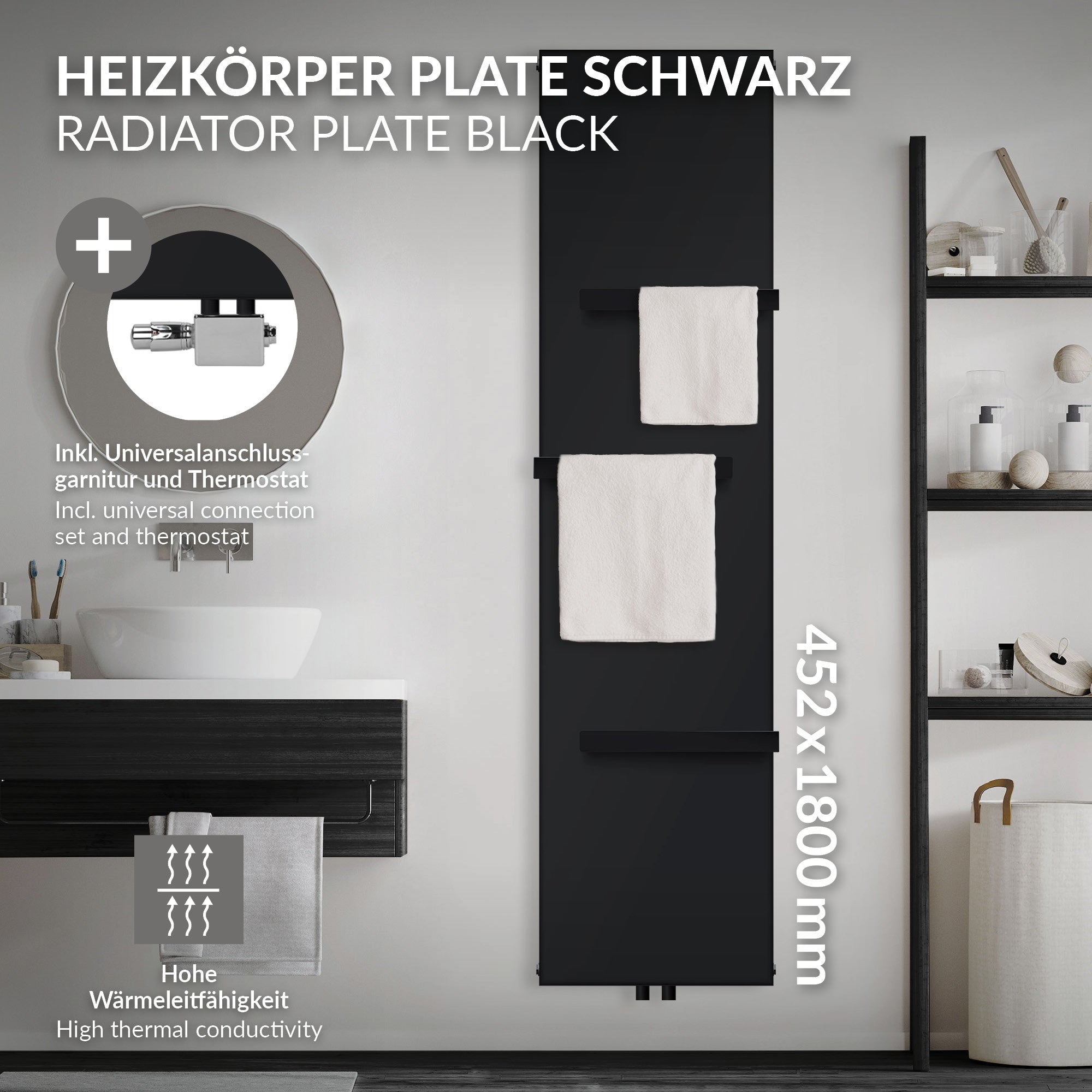 Black radiator panel with towel holder, dimensions 452x1800 mm.