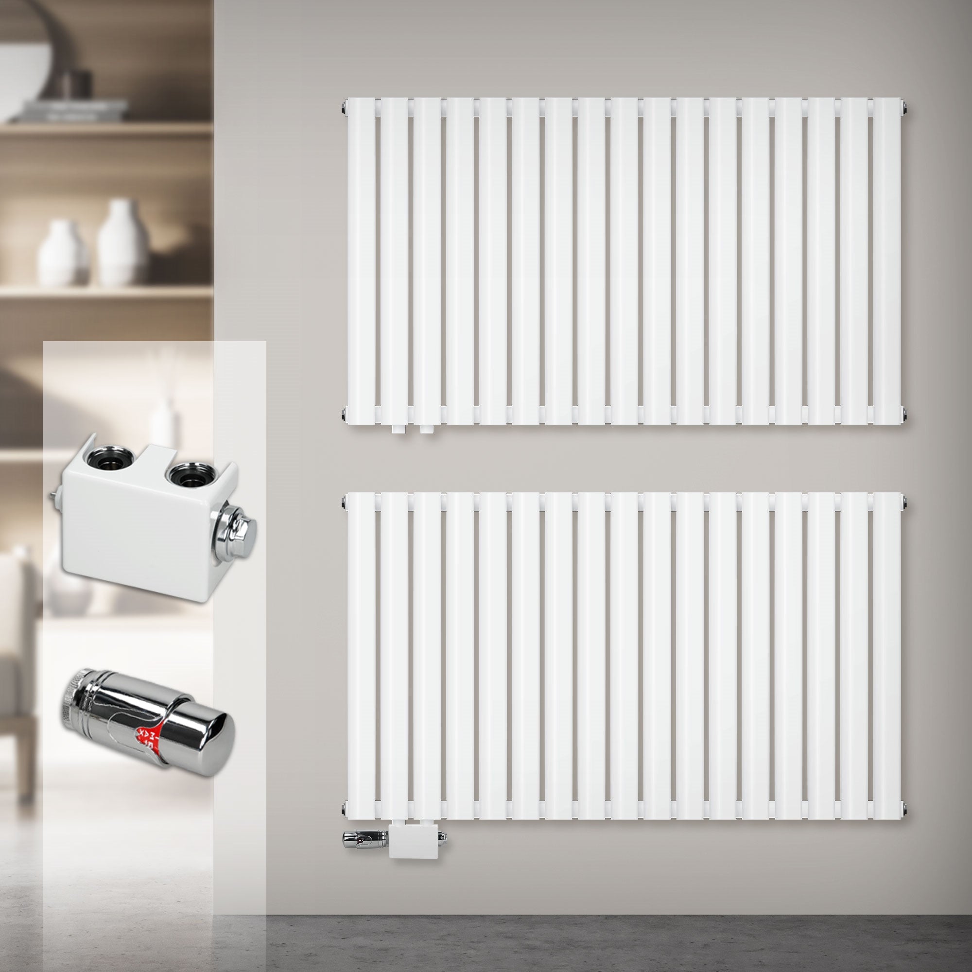 Dos radiadores blancos en una pared, con válvulas y accesorios.