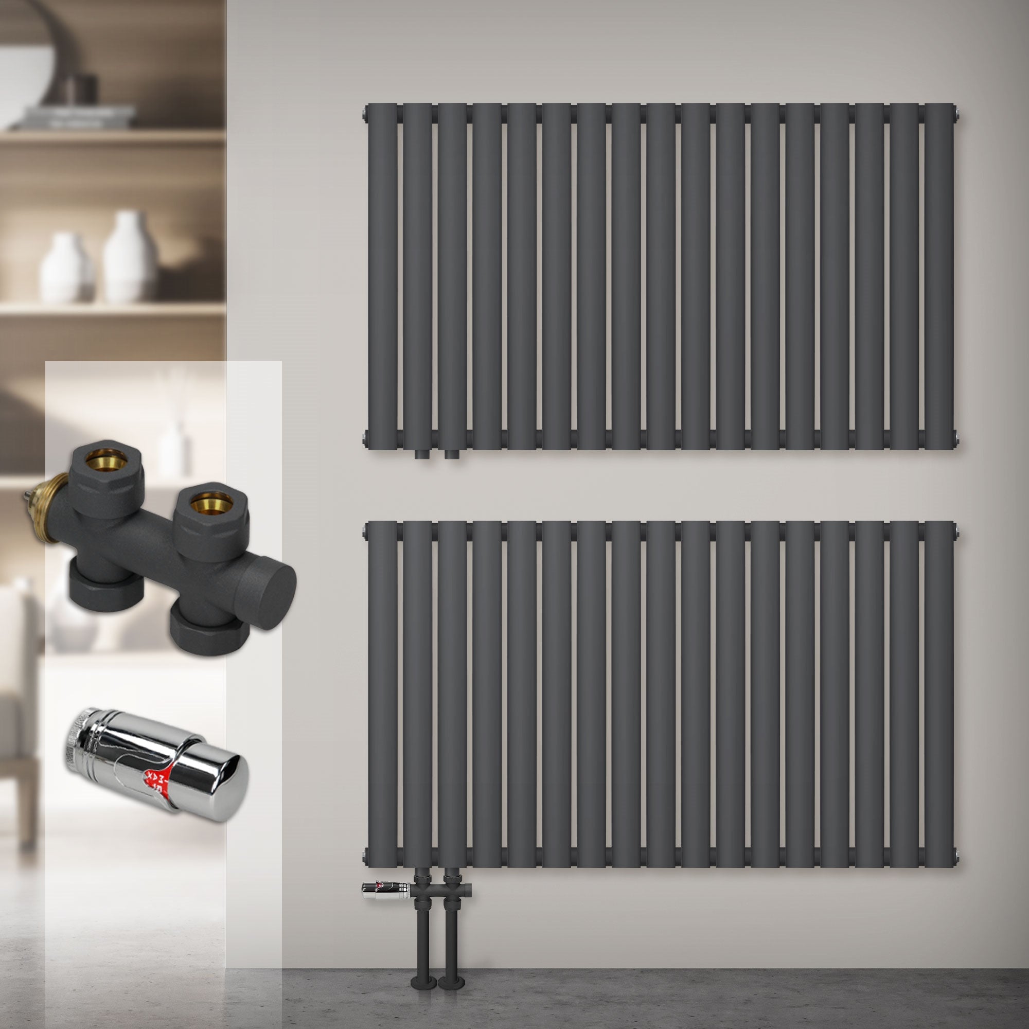 Two anthracite radiators on a wall, below valves.