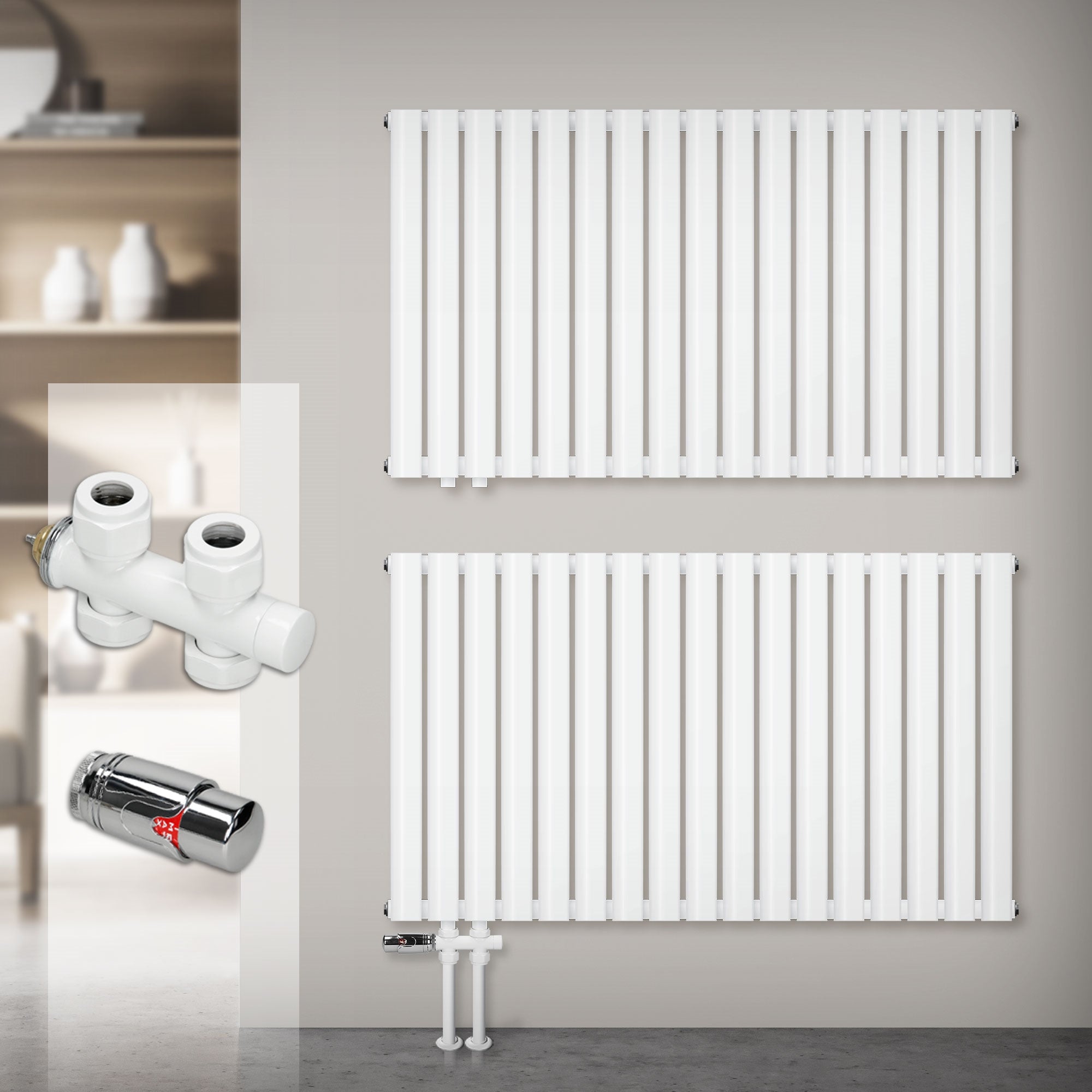 Two white radiators stacked on top of each other on a wall.