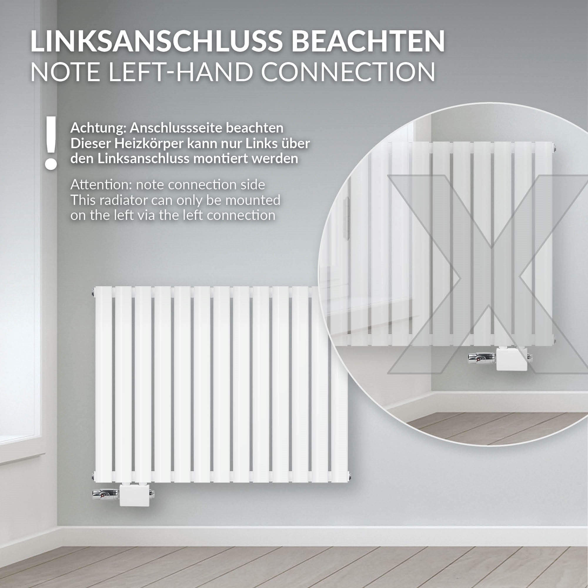 Radiator i hvid med henvisning til venstre tilslutning.