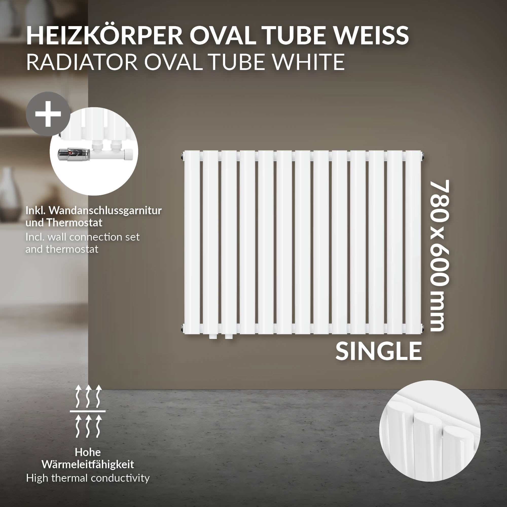 Weißer Heizkörper mit Wandanschluss und Thermostat, 780x600 mm.