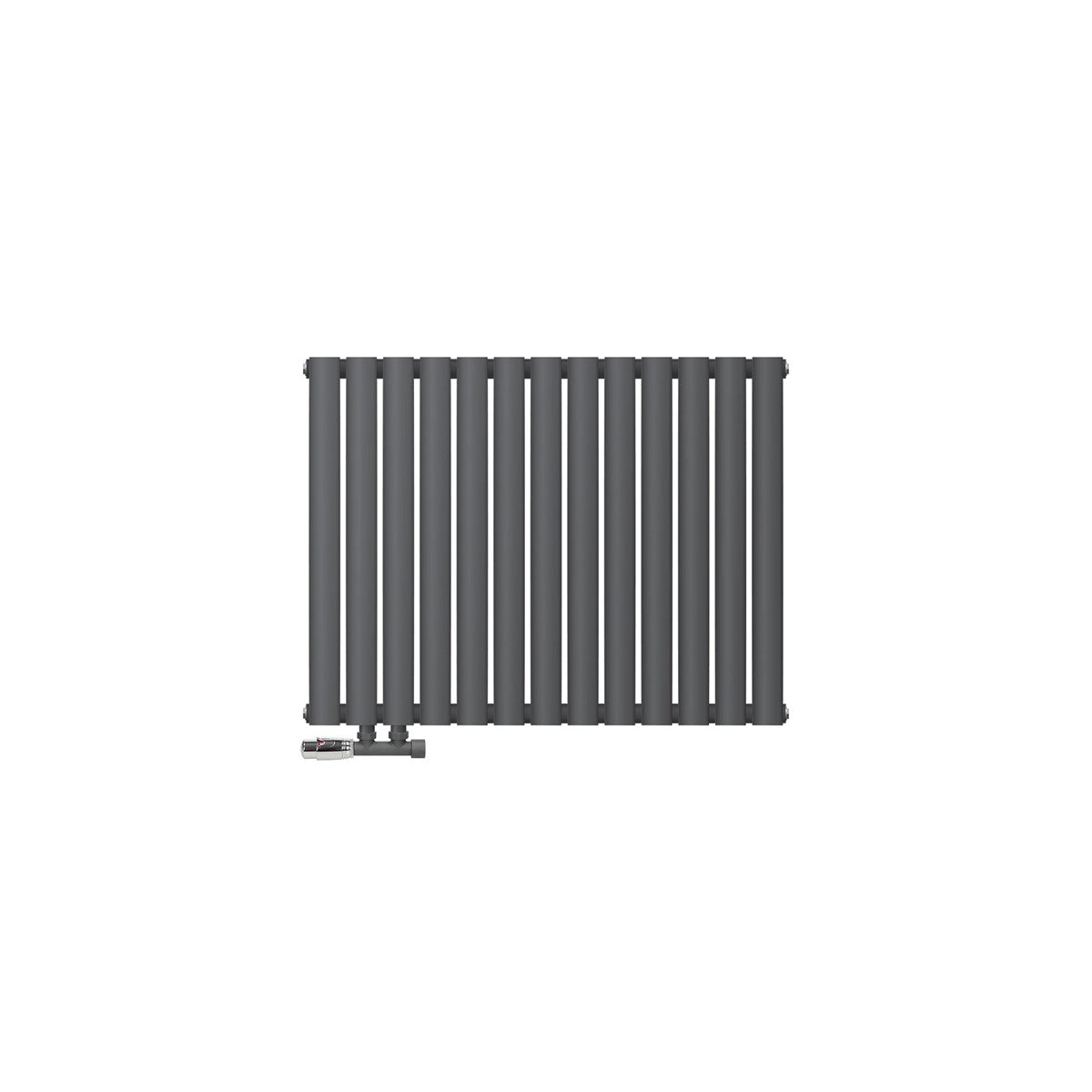 Antracitfärgad radiator mot vit bakgrund.