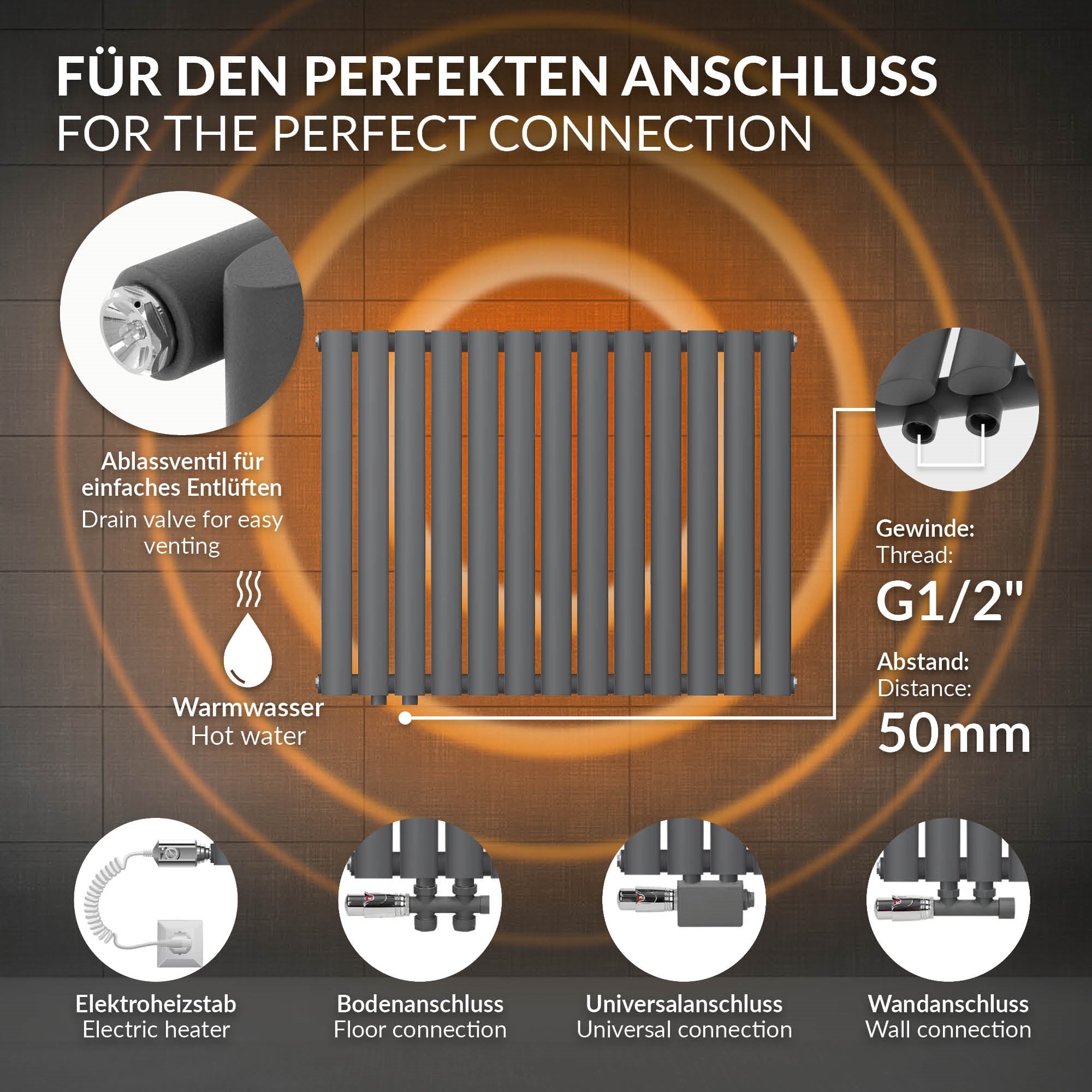 Radiator in anthracite with technical details and dimensions.