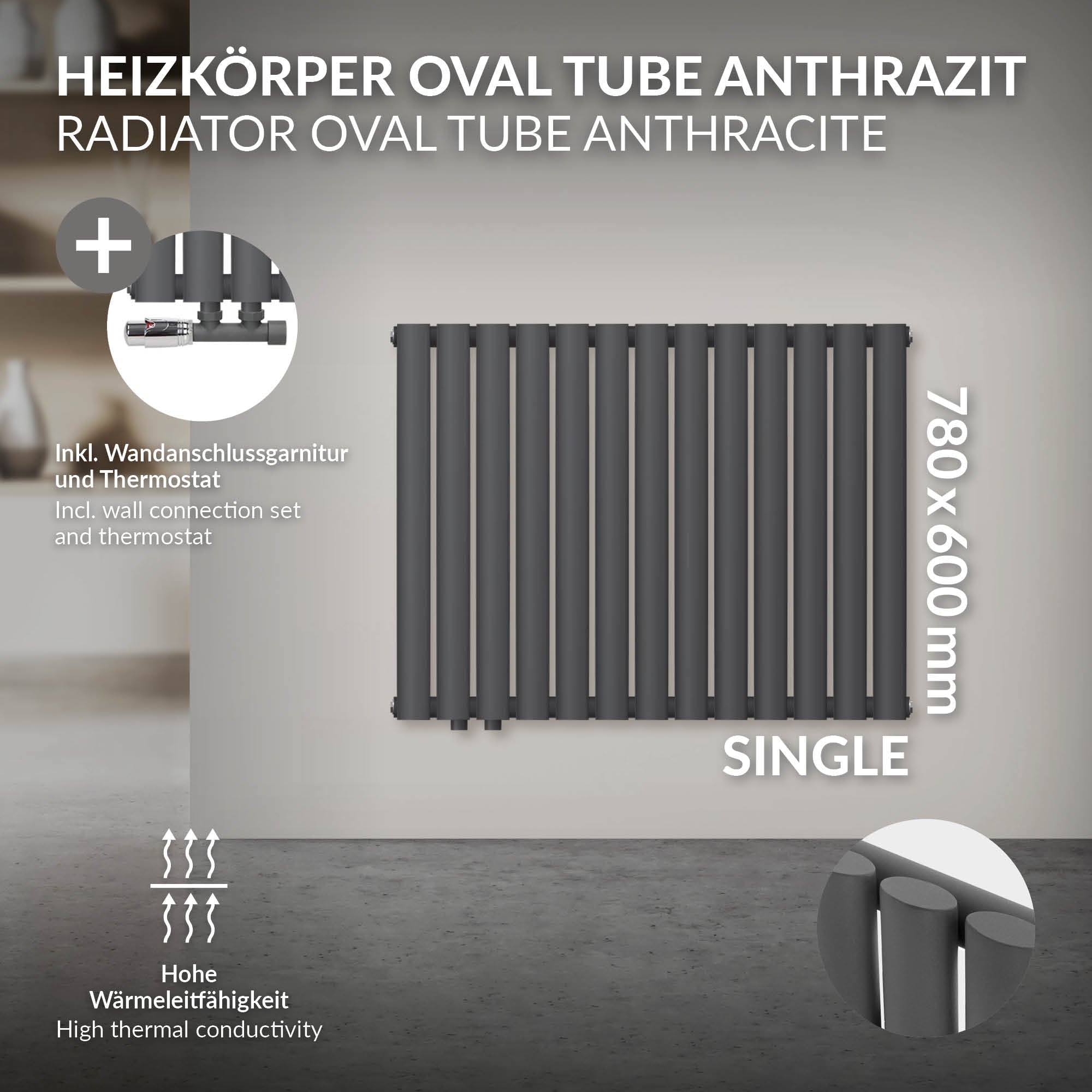 Anthracite radiator with wall connection and thermostat.