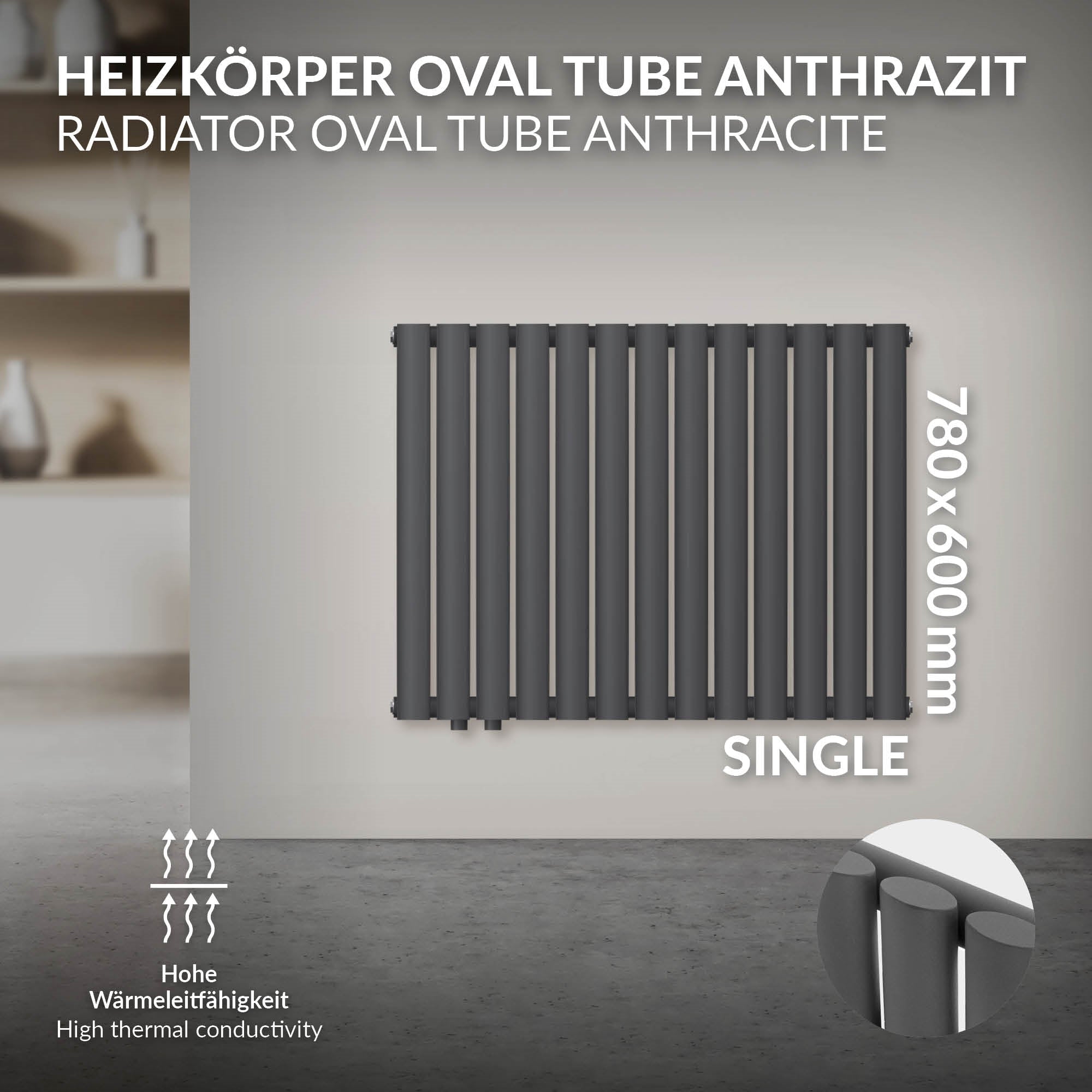 Anthracitfarvet radiator med ovale rør, 780x600 mm.