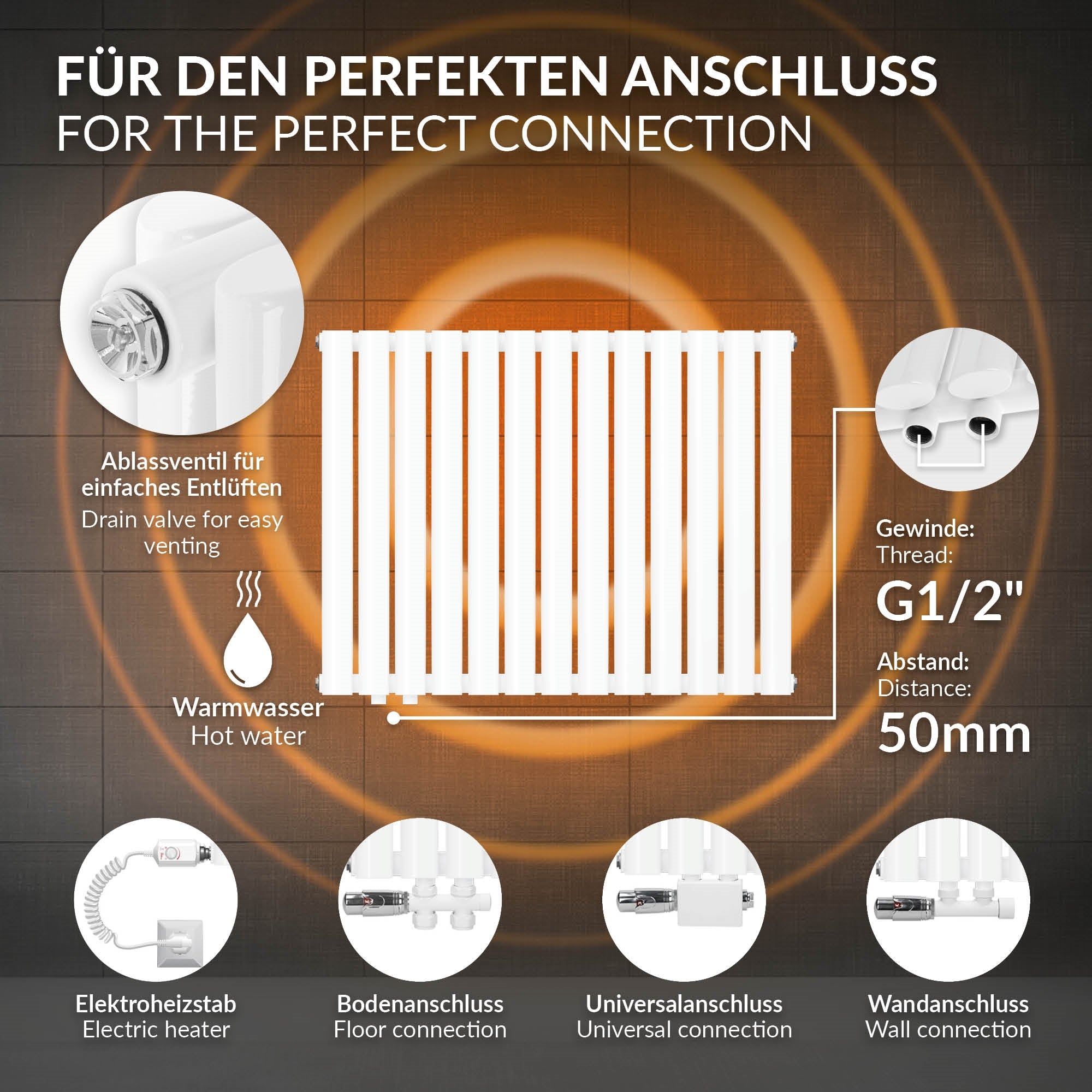Hvid radiator med tilslutningsdetaljer og tekniske oplysninger.