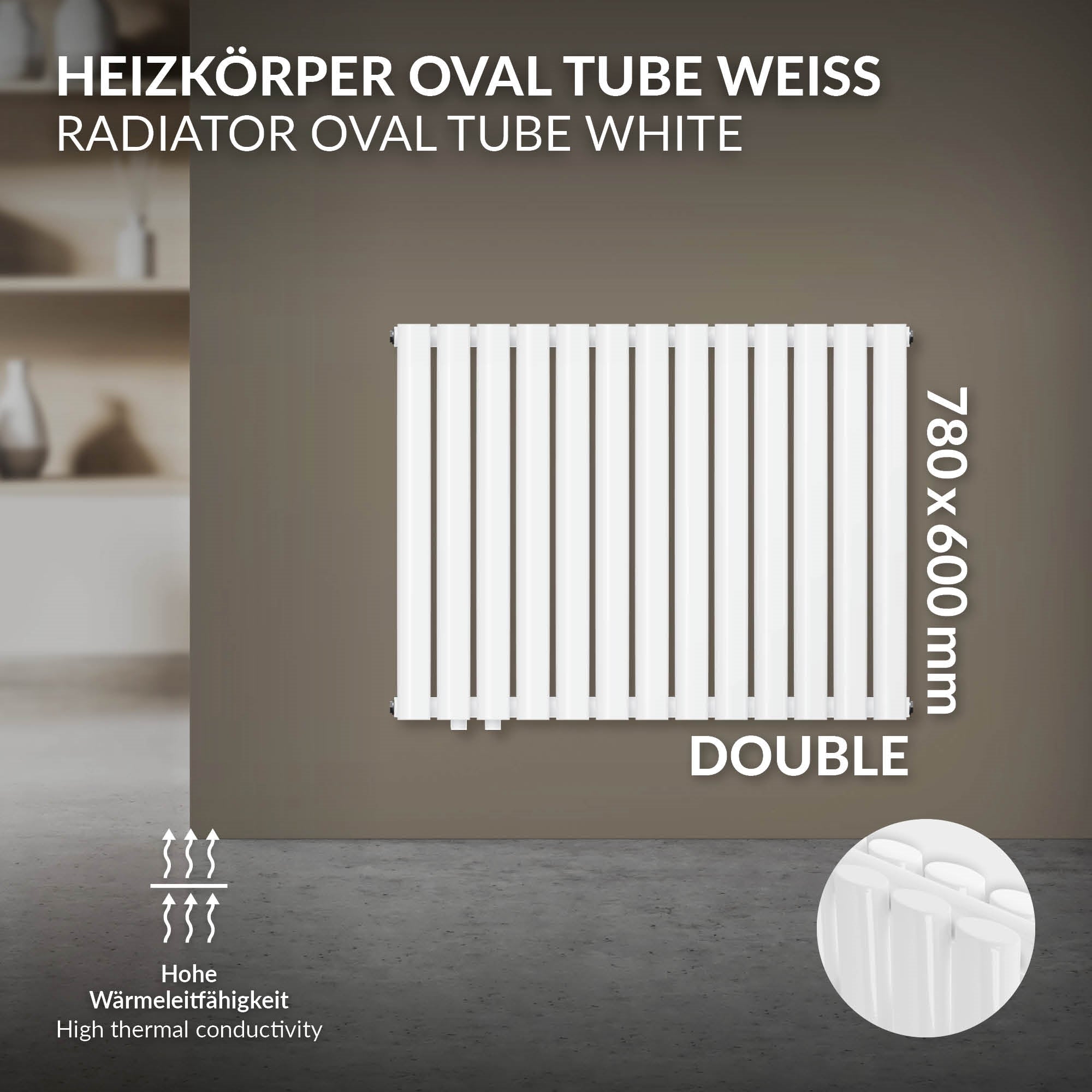 Hvid radiator med ovale rør, 780x600 mm, dobbelt, monteret på væg.