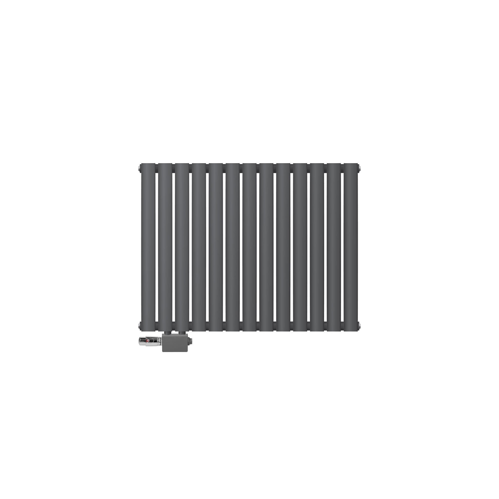 Dark gray radiator with multiple vertical pipes.