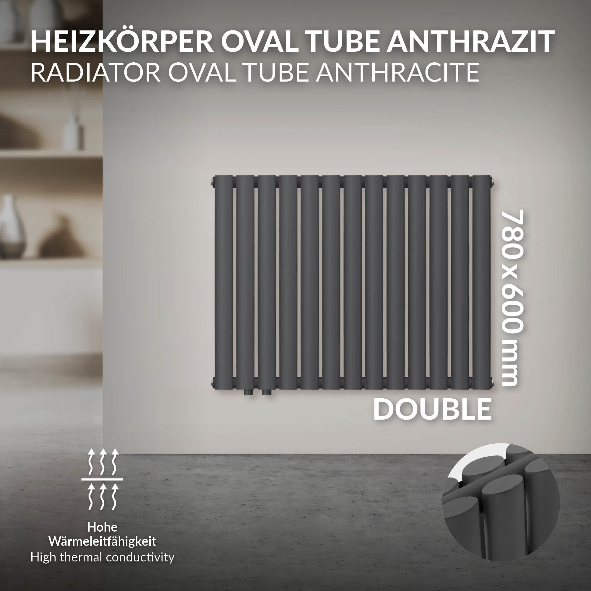 Antracitfarvet radiator med tekniske oplysninger.