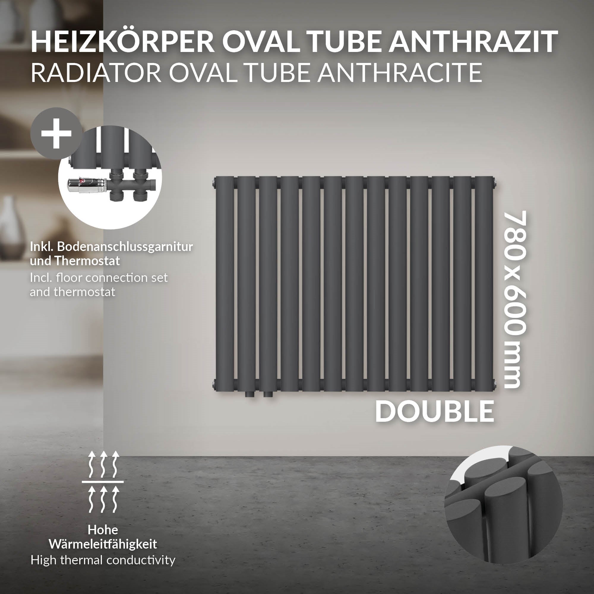 Anthrazitfarbener Heizkörper mit ovalen Röhren und technischen Details.