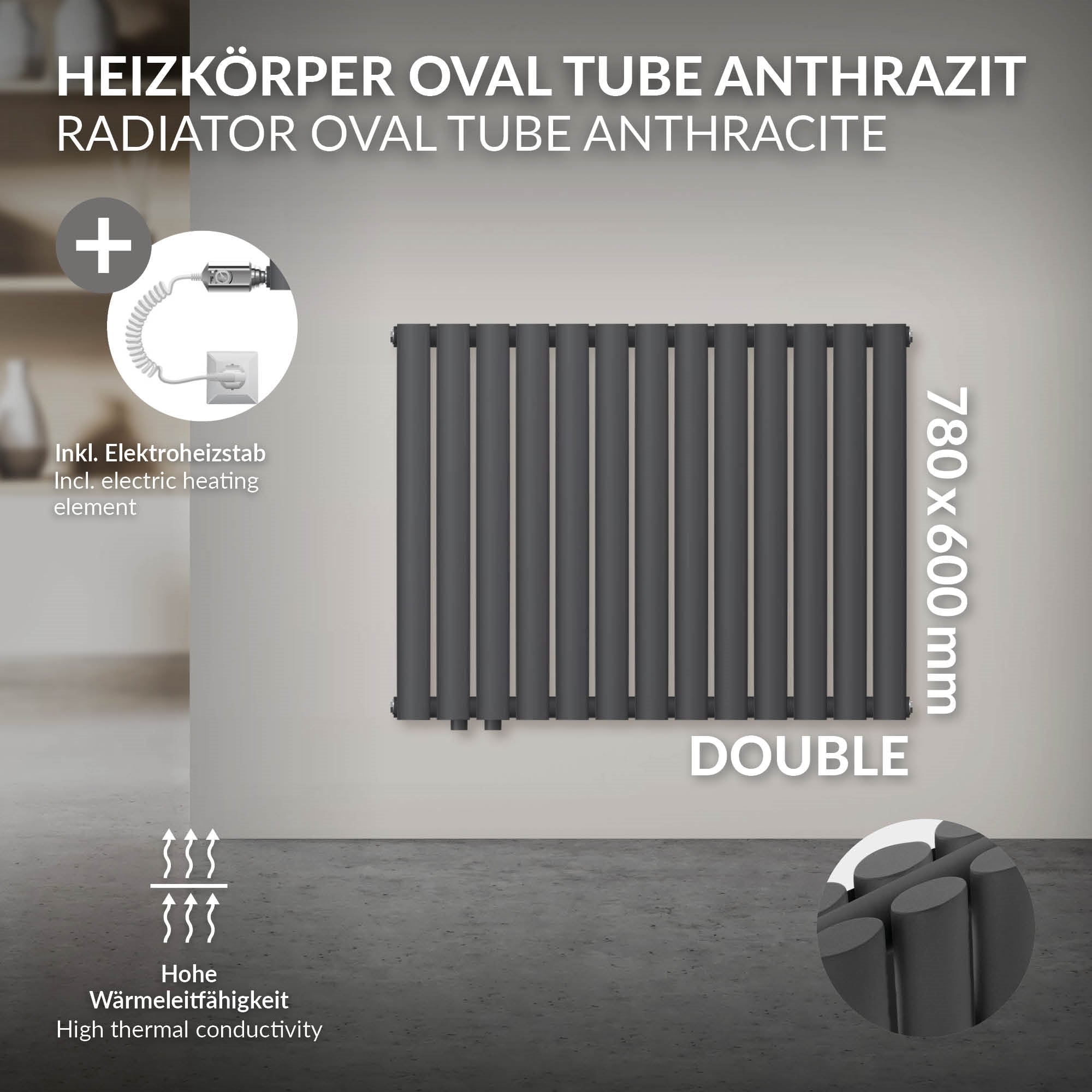 Antracitfarvet radiator med tekniske detaljer og mål.