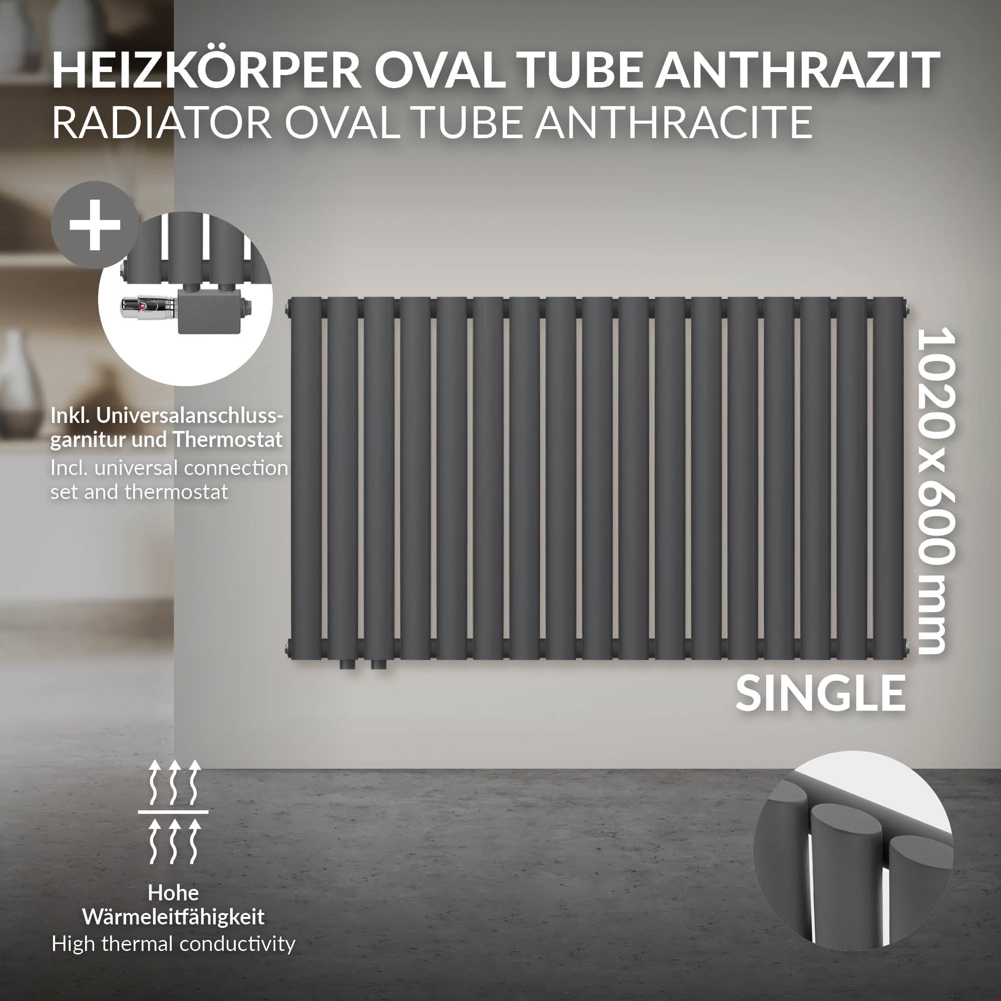 Anthrazitfarbener Heizkörper mit ovalen Rohren, Maße 1020x600 mm.