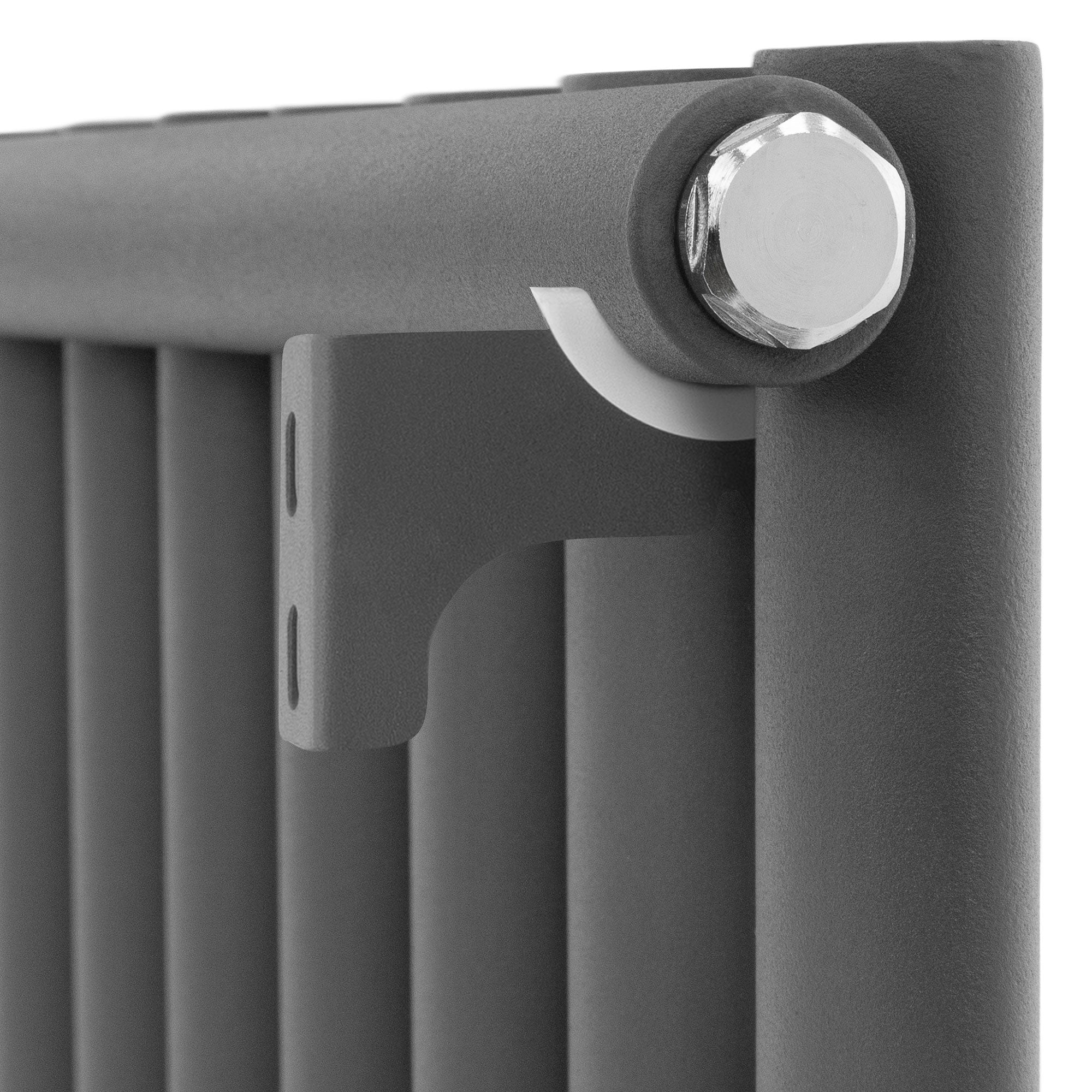 Close-up of an anthracite radiator with mounting.