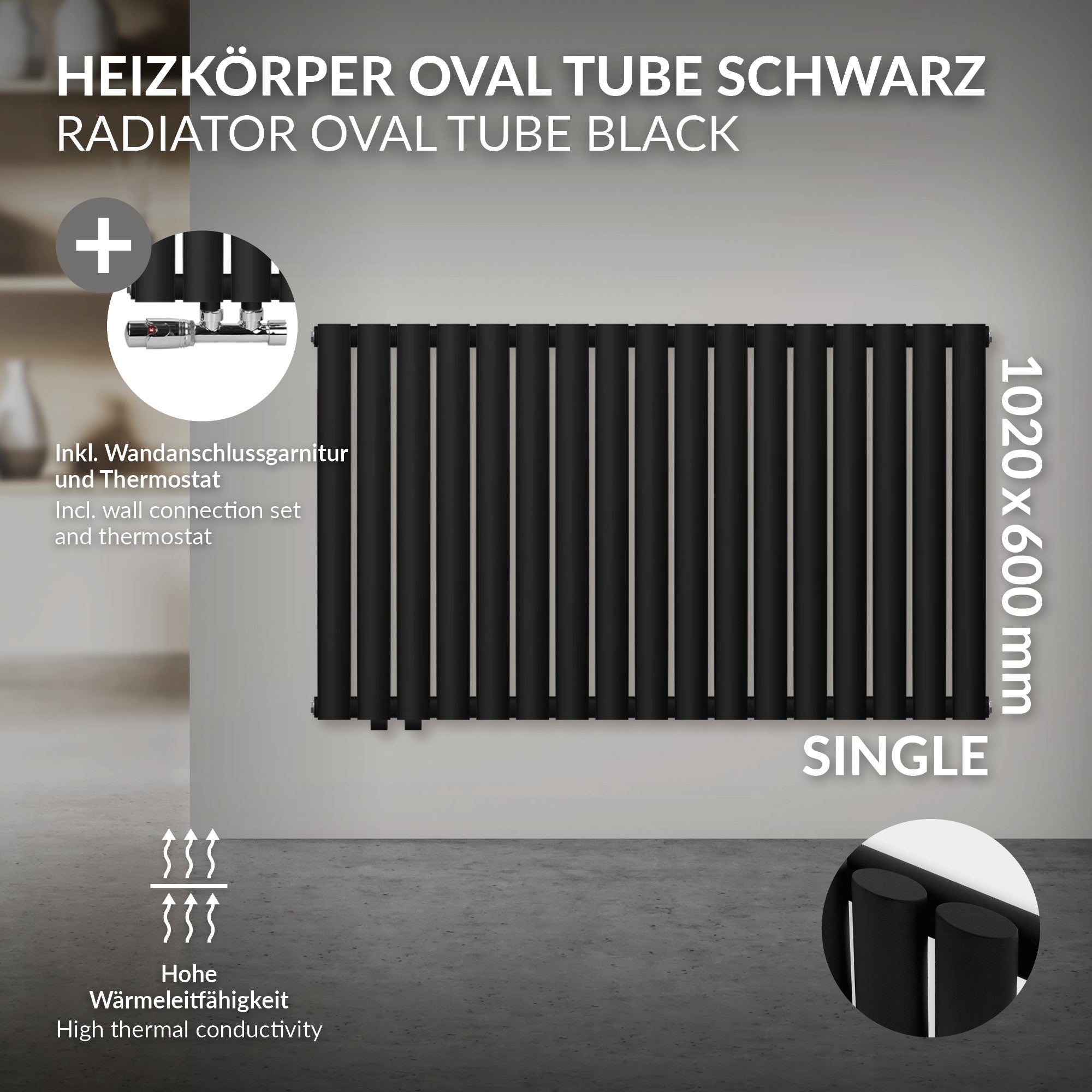 Black radiator with oval tubes, dimensions 1020x600 mm, simple design.