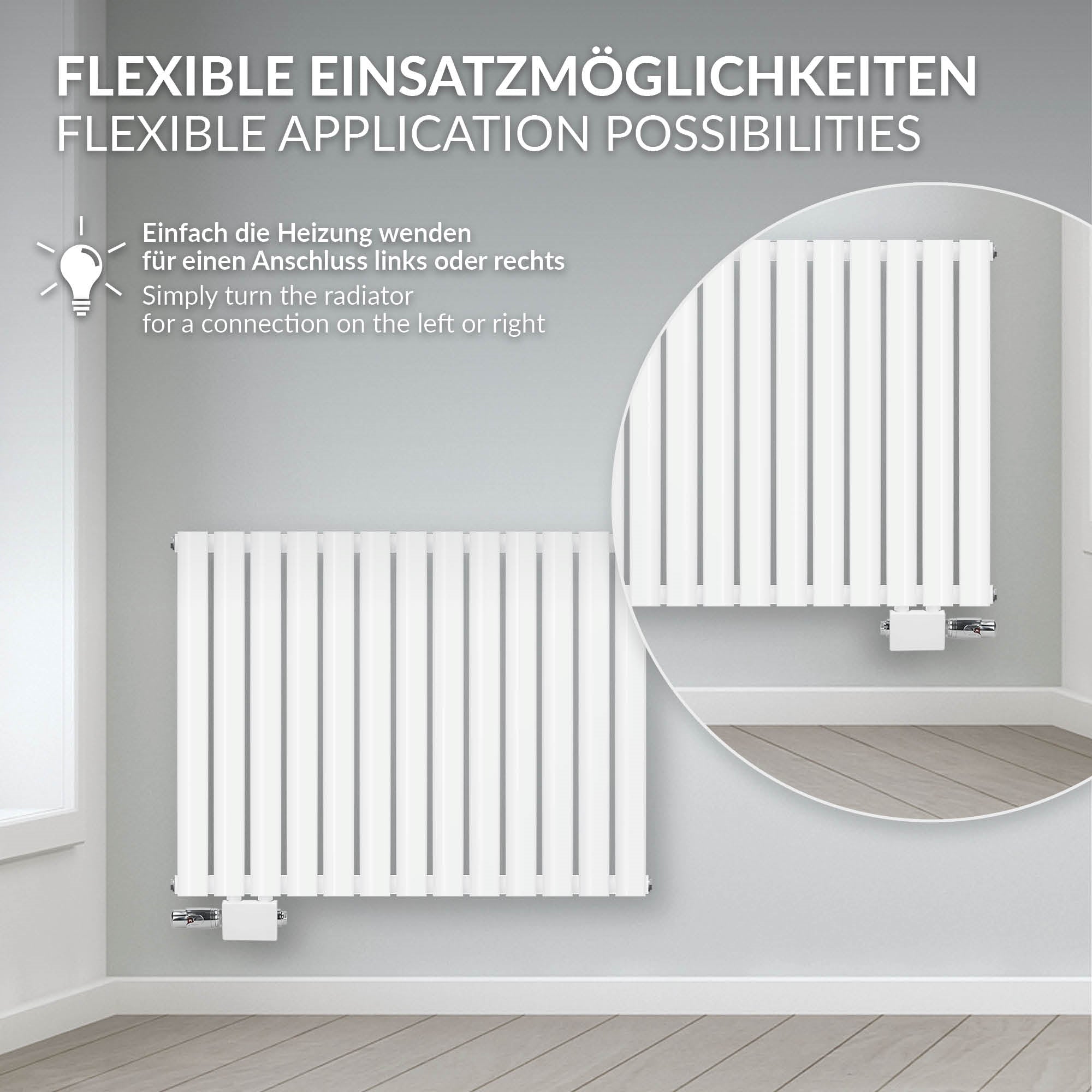 Radiator with oval pipes, flexible connection options, in white color.