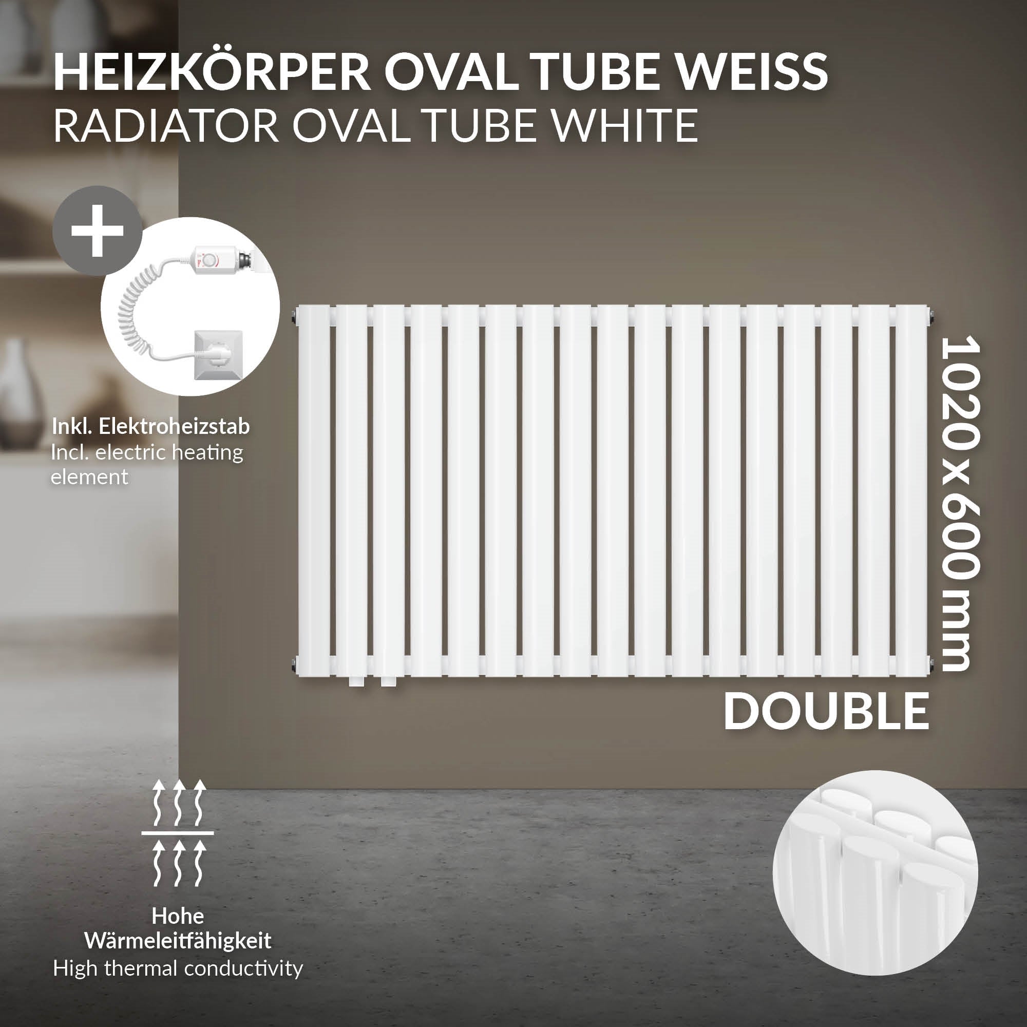 Hvid radiator med ovale rør, mål 1020x600 mm, dobbelt udførelse.