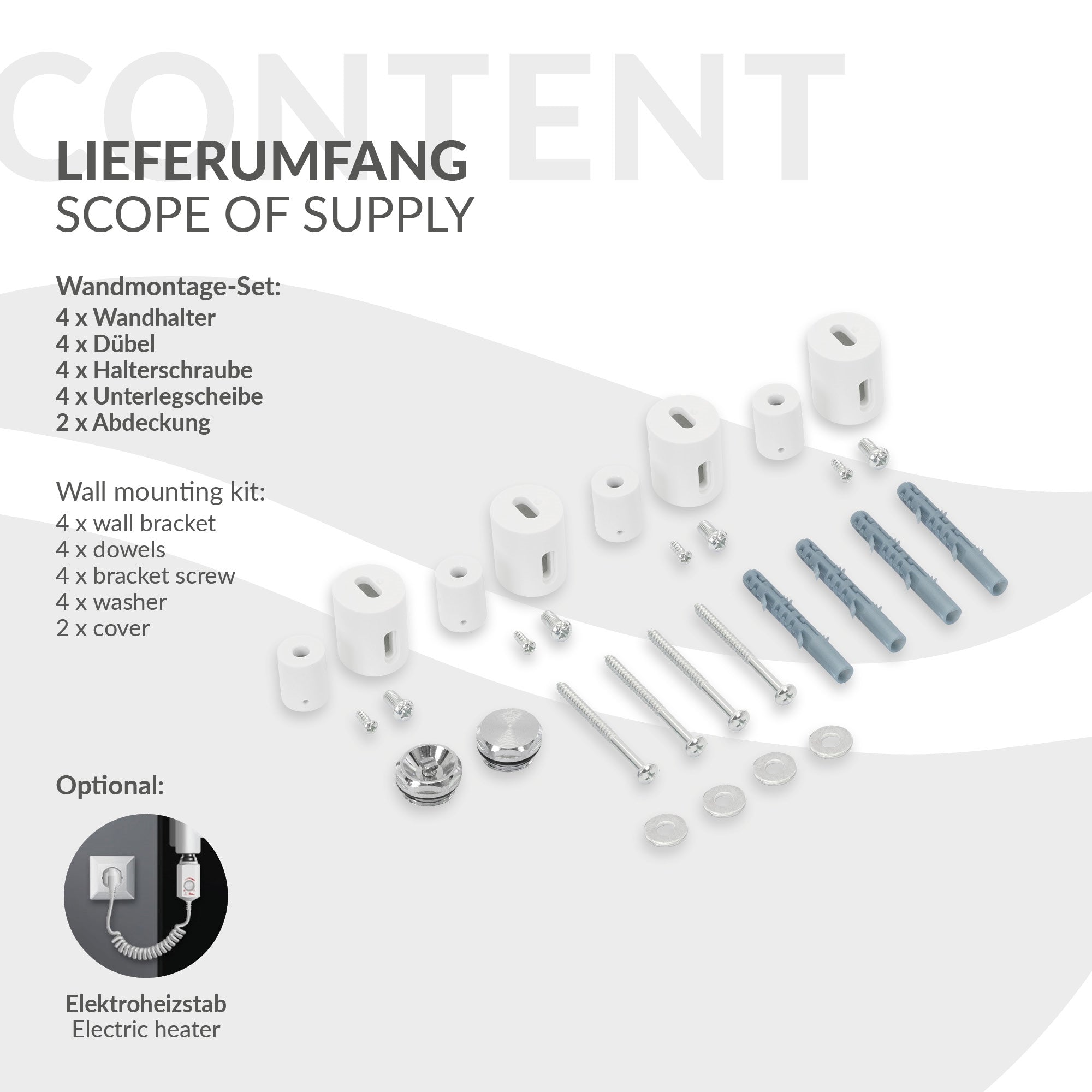 Obsah dodávky pro radiátorovou příčku, včetně montážní sady na zeď a příslušenství.