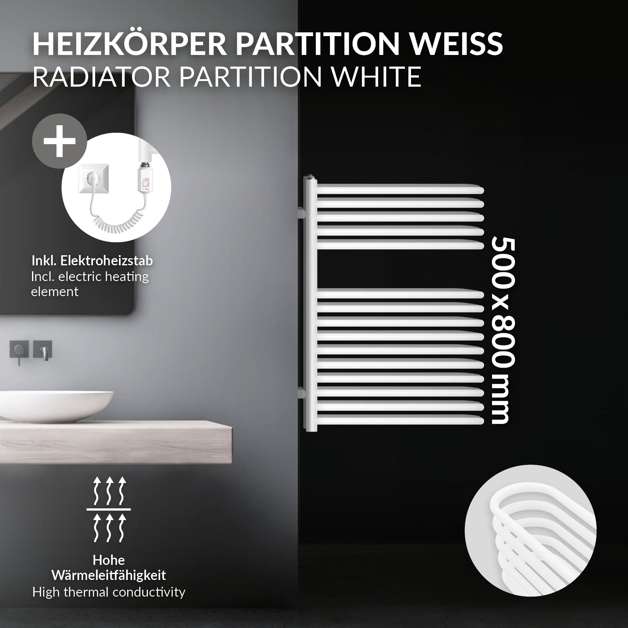 Hvid radiator med elektrisk varmeelement og varmeledningsevne.