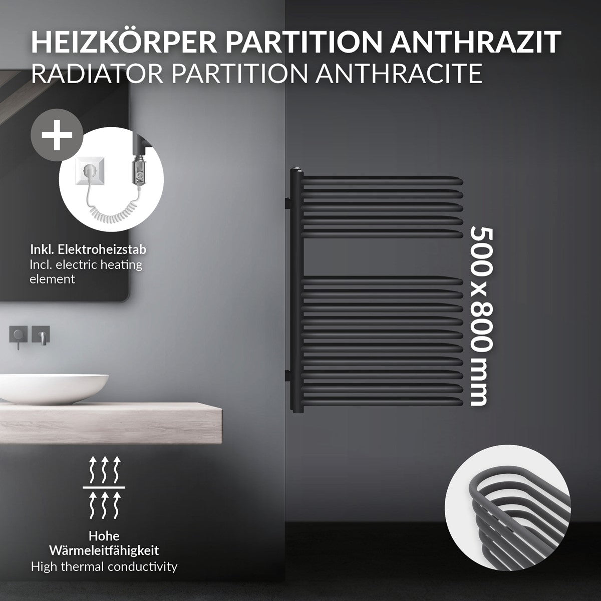 Radiateur sèche-serviettes avec raccordement électrique et commande.