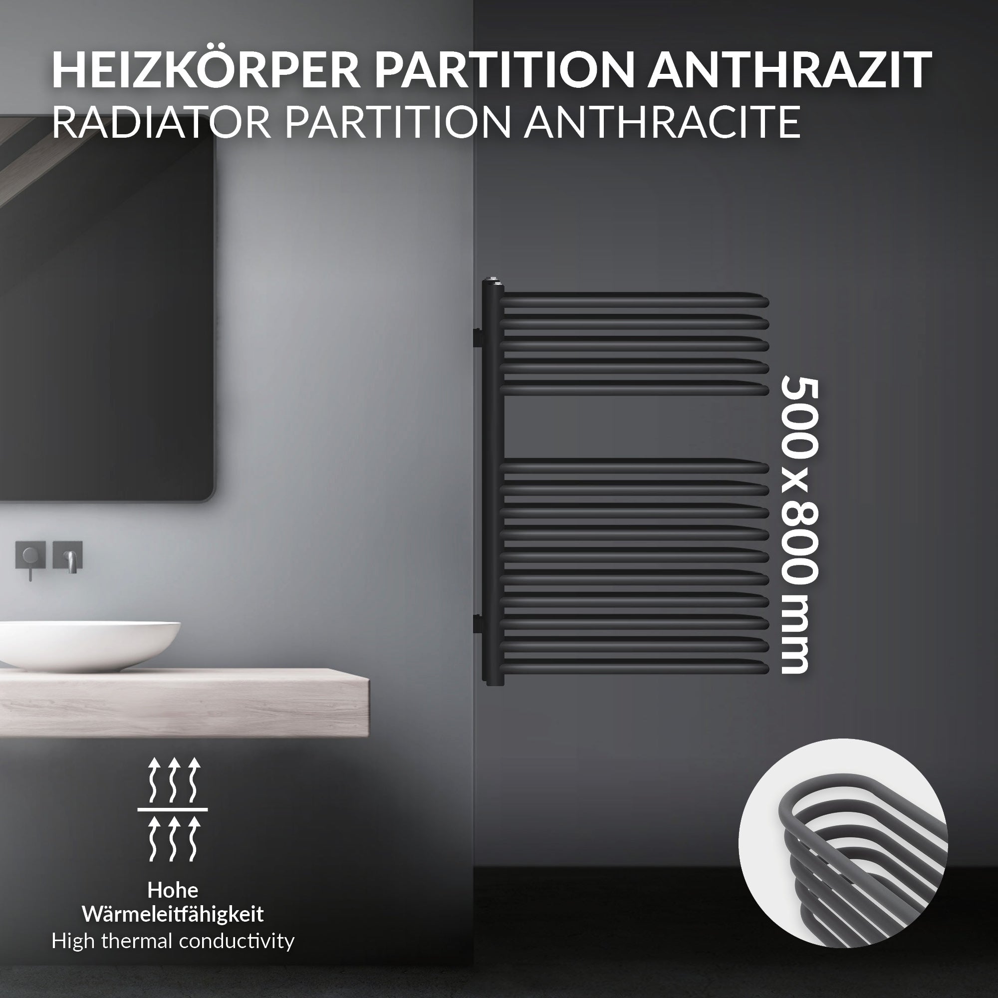 Heizkörper-Partition in Anthrazit an einer Wand montiert.