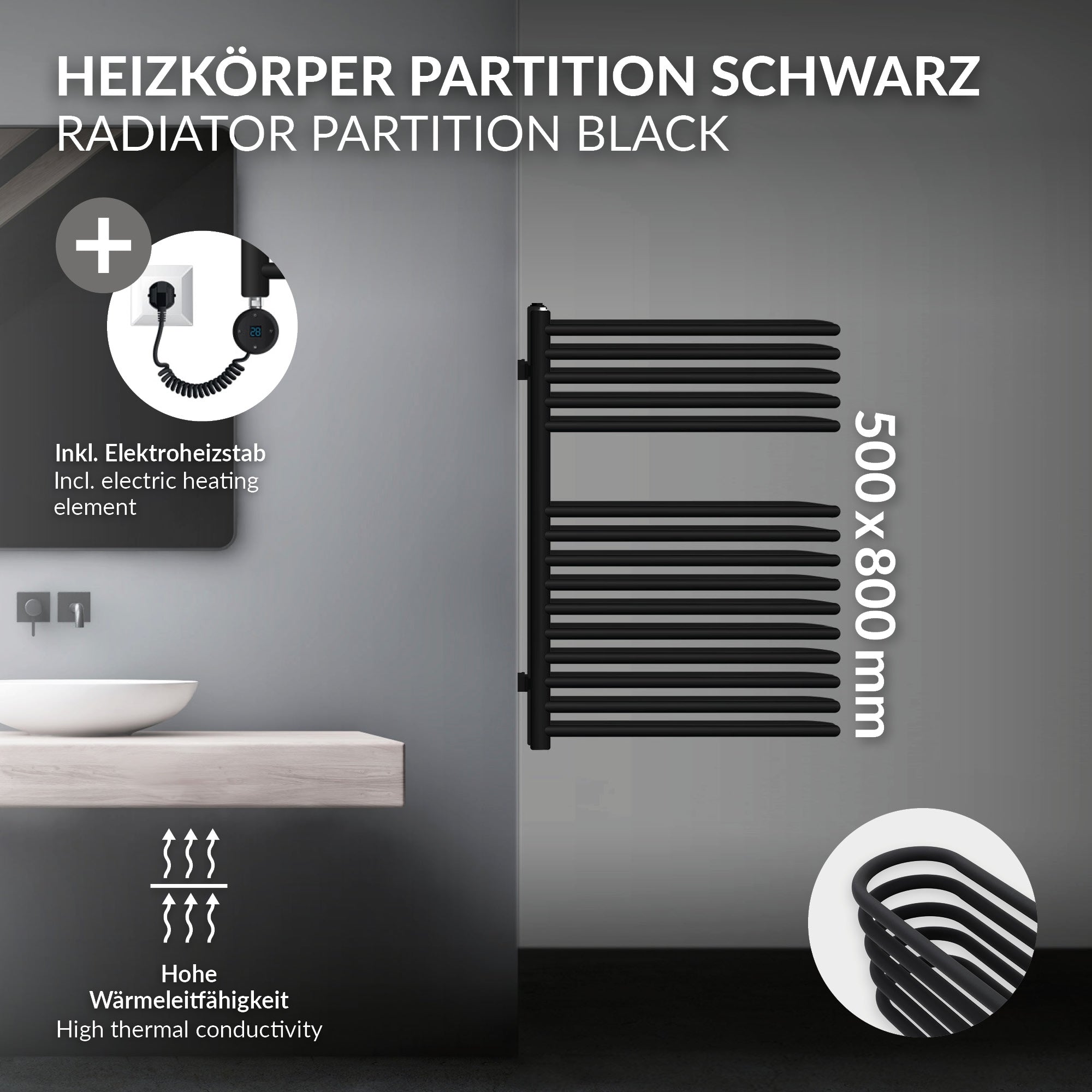 Heizkörperpartition in Schwarz mit elektrischen Heizstab und Abmessungen 500x800 mm.