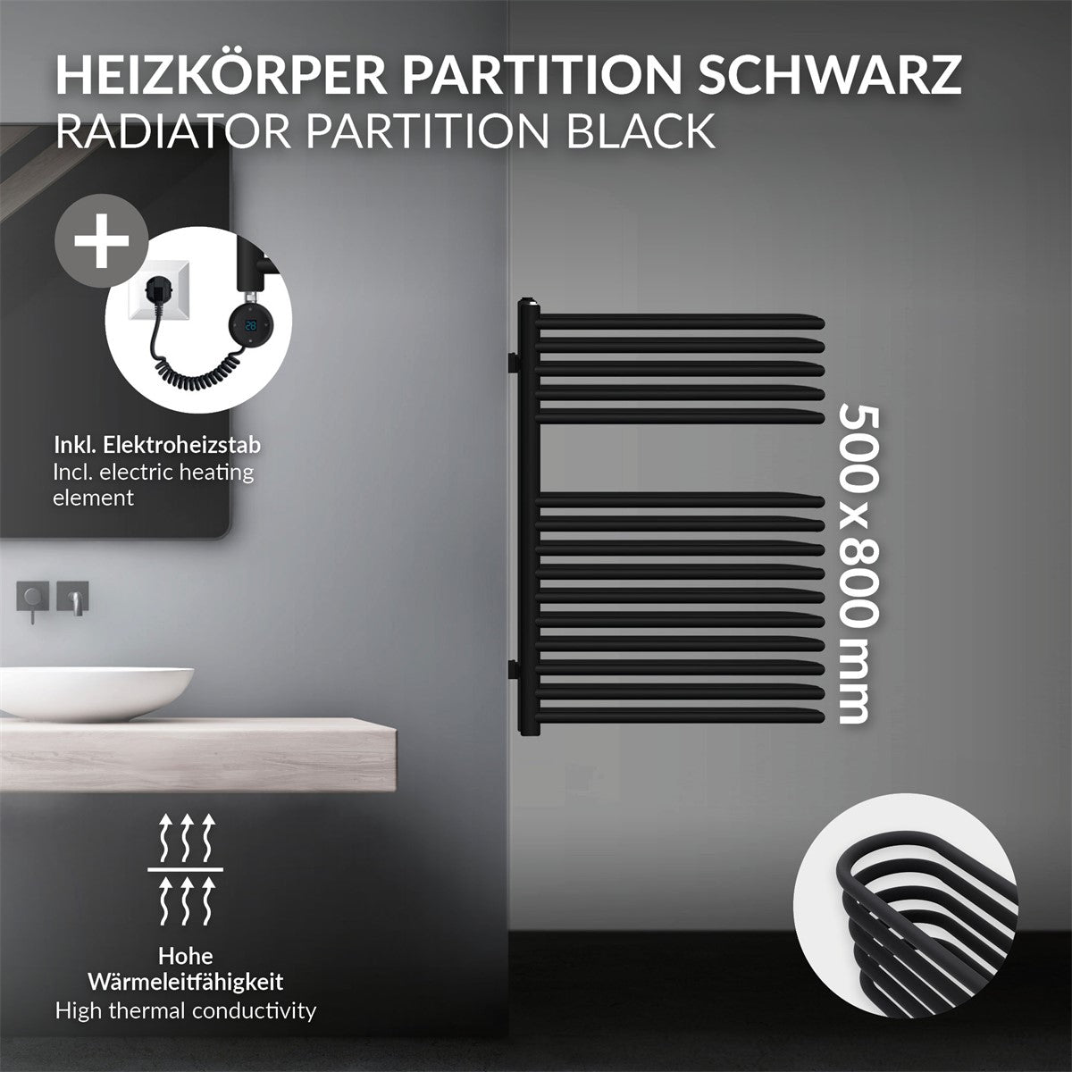 Radiatorpartition i sort med elektrisk varmestav og målene 500x800 mm.