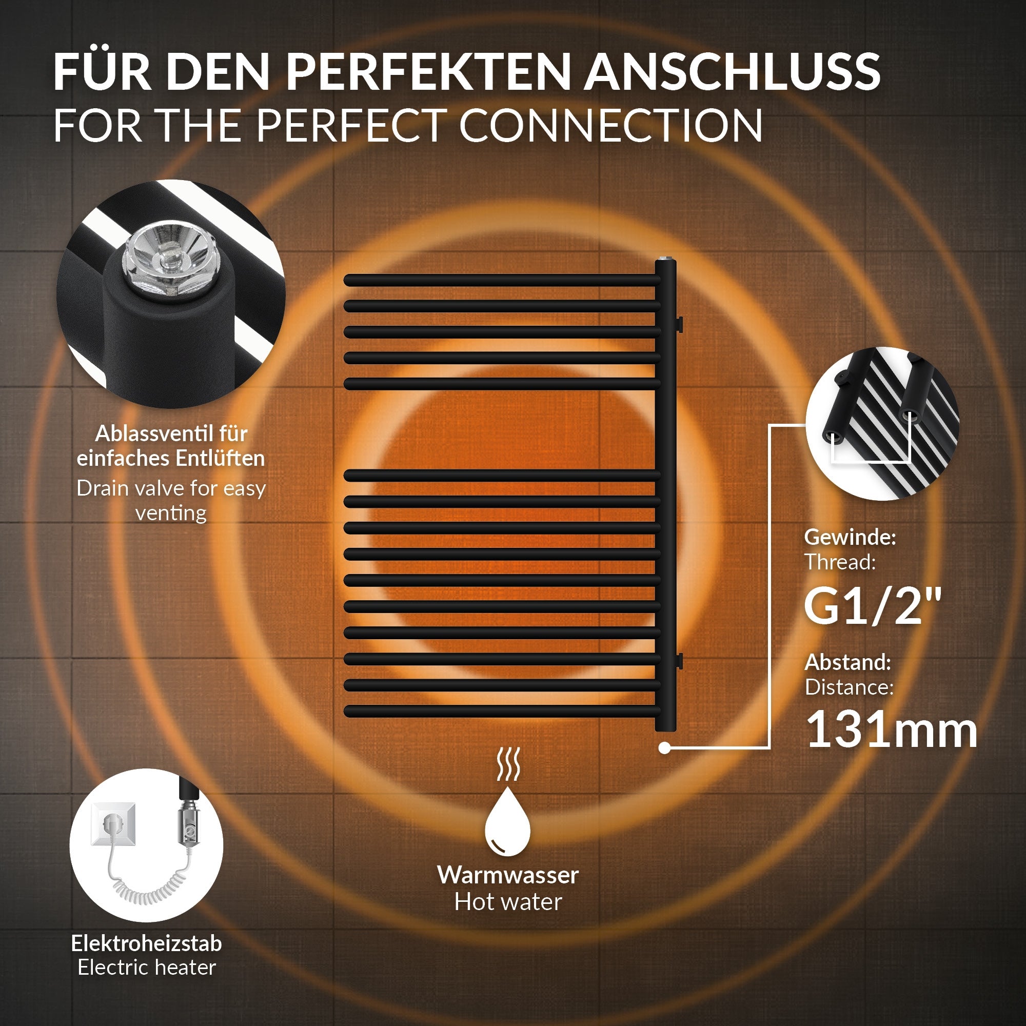 Schwarzer Handtuchwärmer mit mehreren horizontalen Röhren an einer Wand.